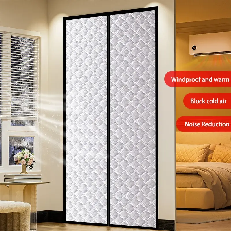 Thick Winter Thermal Door Curtain, Silver Quilted Insulated Draft Blocker, No-Drill Self-Adhesive Door Cover, Windproof Light Blocking Noise Reducing Curtain for Bedroom Living Room Kitchen Balcony