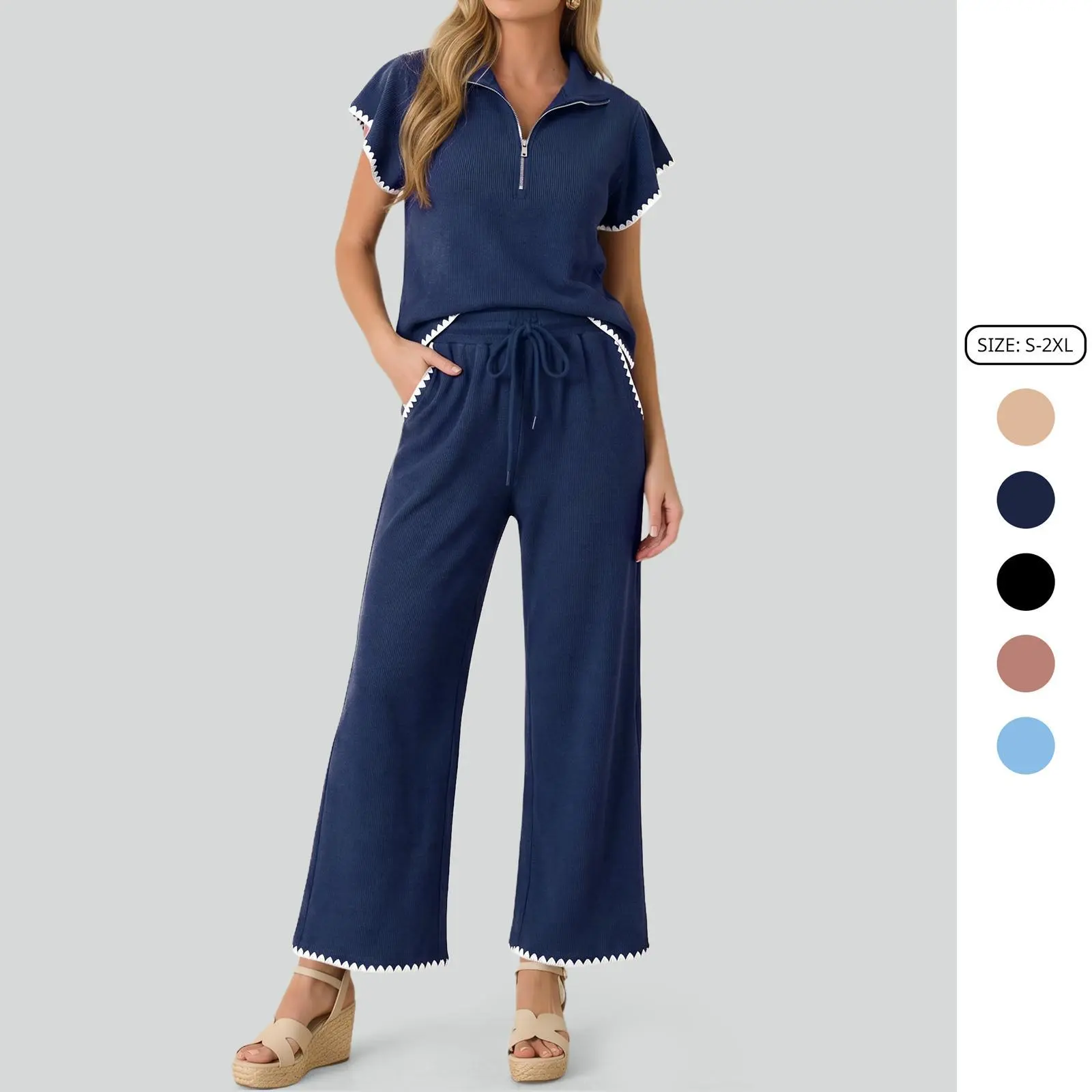 Imily Bela Scalloped Trim Waffle Knit Two Piece Set Women Half‑Zip Top & Wide Leg Pants Casual Lounge Outfit