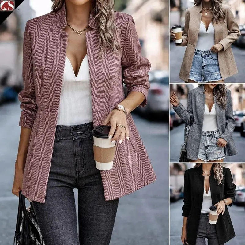 Women's Open Front Herringbone Blazer-Business Casual Long Sleeve Work Jacket with Full Lining and Padded Shoulders