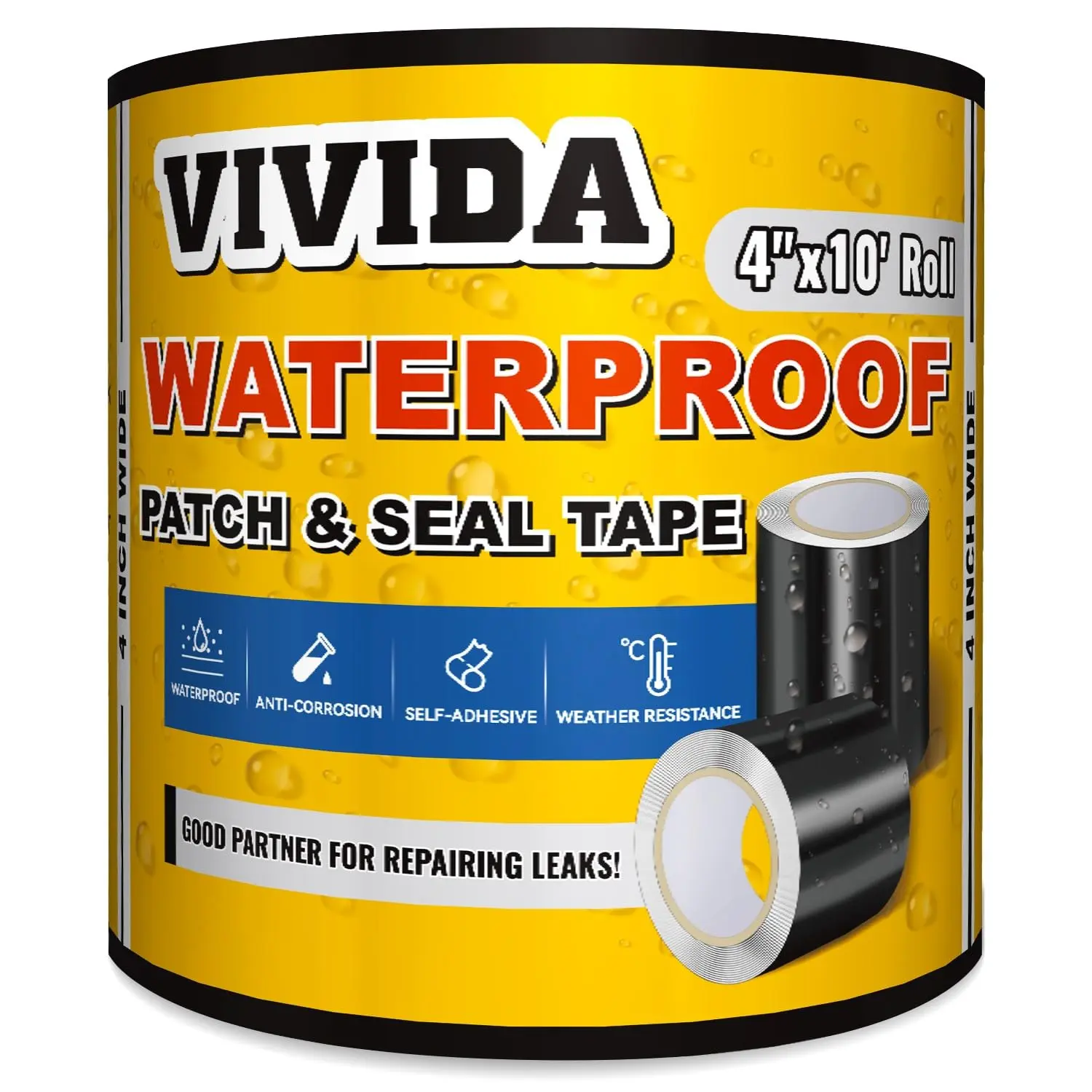 Patch and Seal Tape, 4" × 10'  Tape for Outdoor Use, Underwater Leaks Repair for Pool, Plumbing, Black, 1 Roll