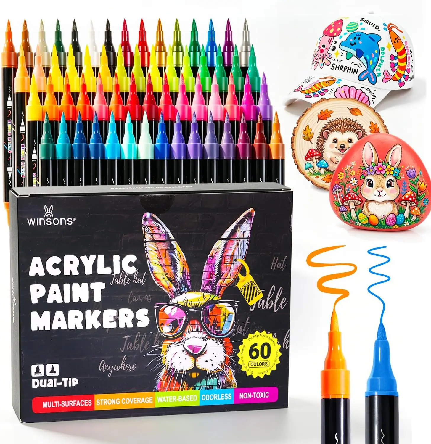 WINSONS Acrylic Markers, 60/30 Dual-Tip Paint Pens for Rock Painting, Colouring Books, Mugs, Canvas Shoes, Metal, Scrapbooking - Quick Dry, Brush & Fine, Drawing Markers
