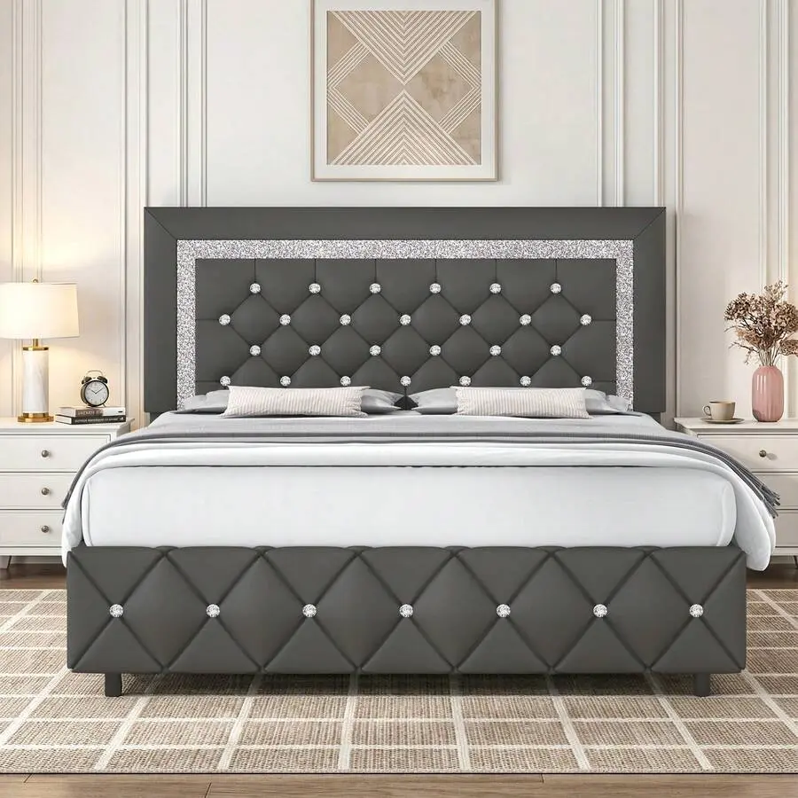 Twin/ Full/ Queen/ King Size Bed Frame, Upholstered Bed Frame With Diamond Headboard And Footboard, Pearl White/ Beige/ Black/ Grey/ Pink/ Purple/ Green