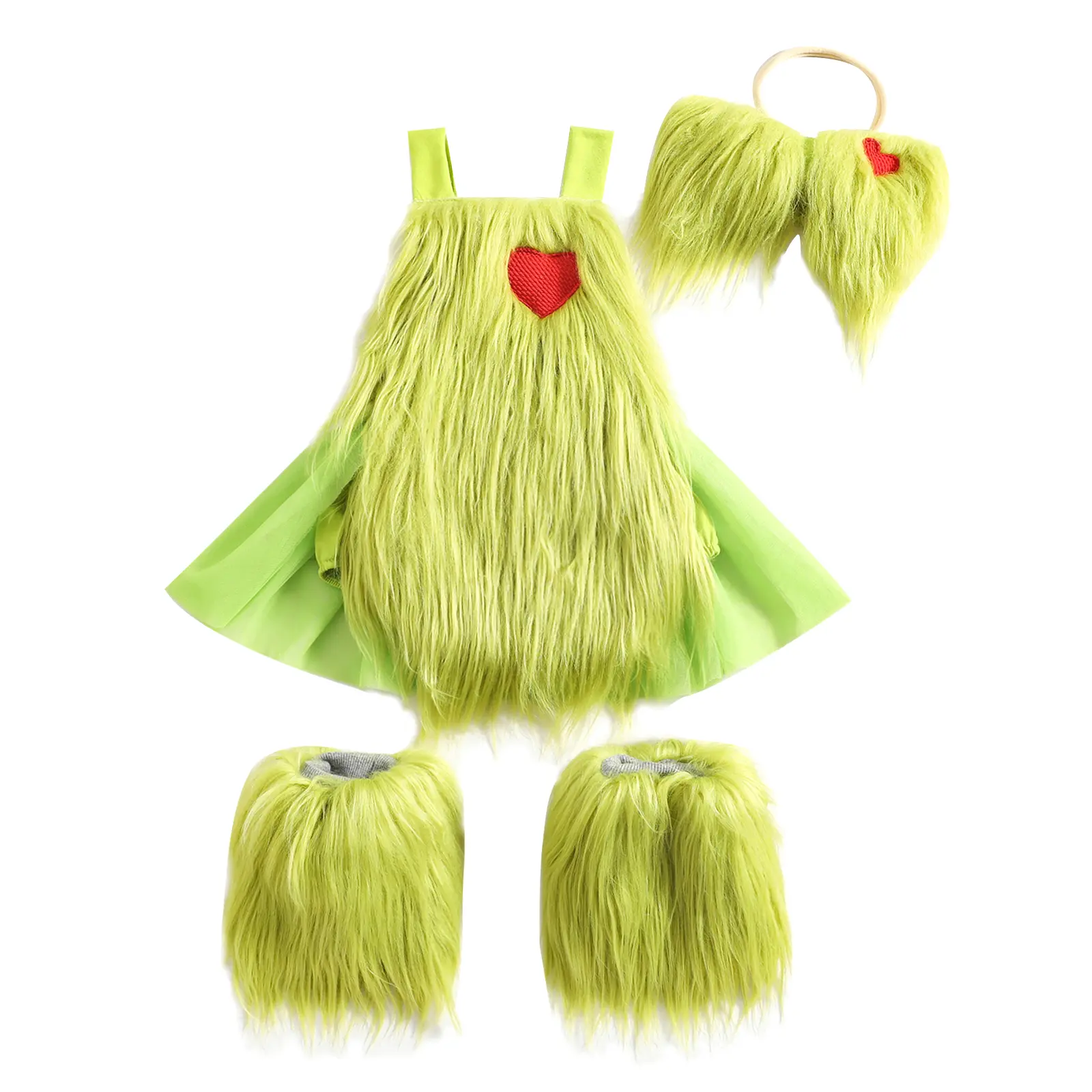 Babamoon Female Sweet Casual 3-Pcs Cotton Blend Baby Girl Costume Set - Furry Sleeveless Romper, Lace Dress, Leg Warmers, Headband for Christmas, Casual Occasions