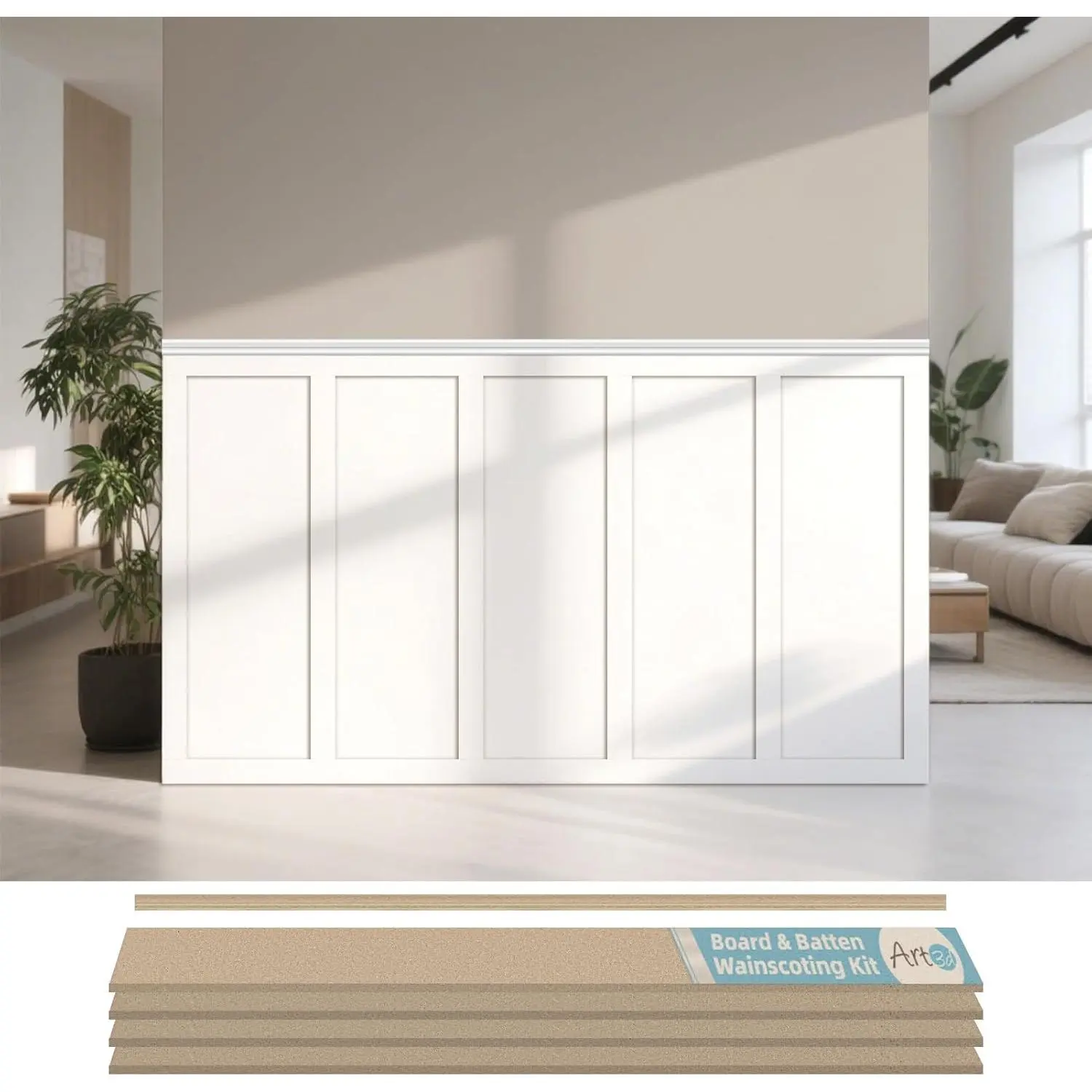 Premade Board and Batten Paintable Wainscoting Kit, MDF Accent Wall Panel for Kitchen Bedroom Living Room  Decor Covers 94.5 x 54 in. Molding Trim Slat with  Strip