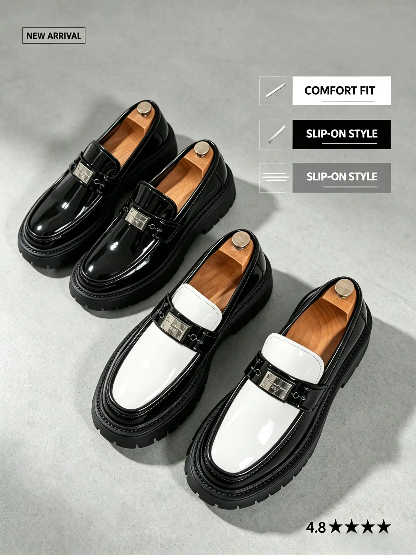 Men's Retro Metal Buckle Thick Sole PU Leather Loafers, Glossy Colorblock, Slip-On Casual Shoes, Anti-Slip, Trendy Street Style