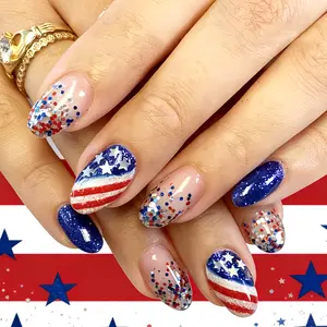 Independence Day Press-On Nails, 24 Pieces, American Red-White Stripes & Stars, Sequin Rhinestone Nail Art, False Nails Set, ICE Nail Studio