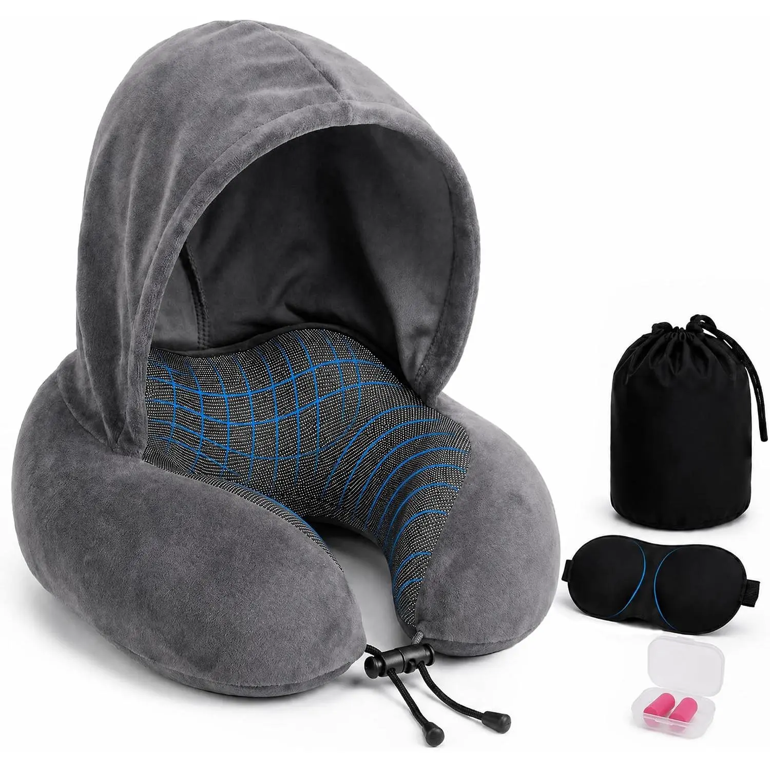 Hooded Travel Neck Pillow with Memory Foam Filling, Adjustable Strap, Large Hood Eye Mask, Earplugs & Storage Bag - Breathable, Washable, Super-Soft for Airplanes/Cars Long Journeys