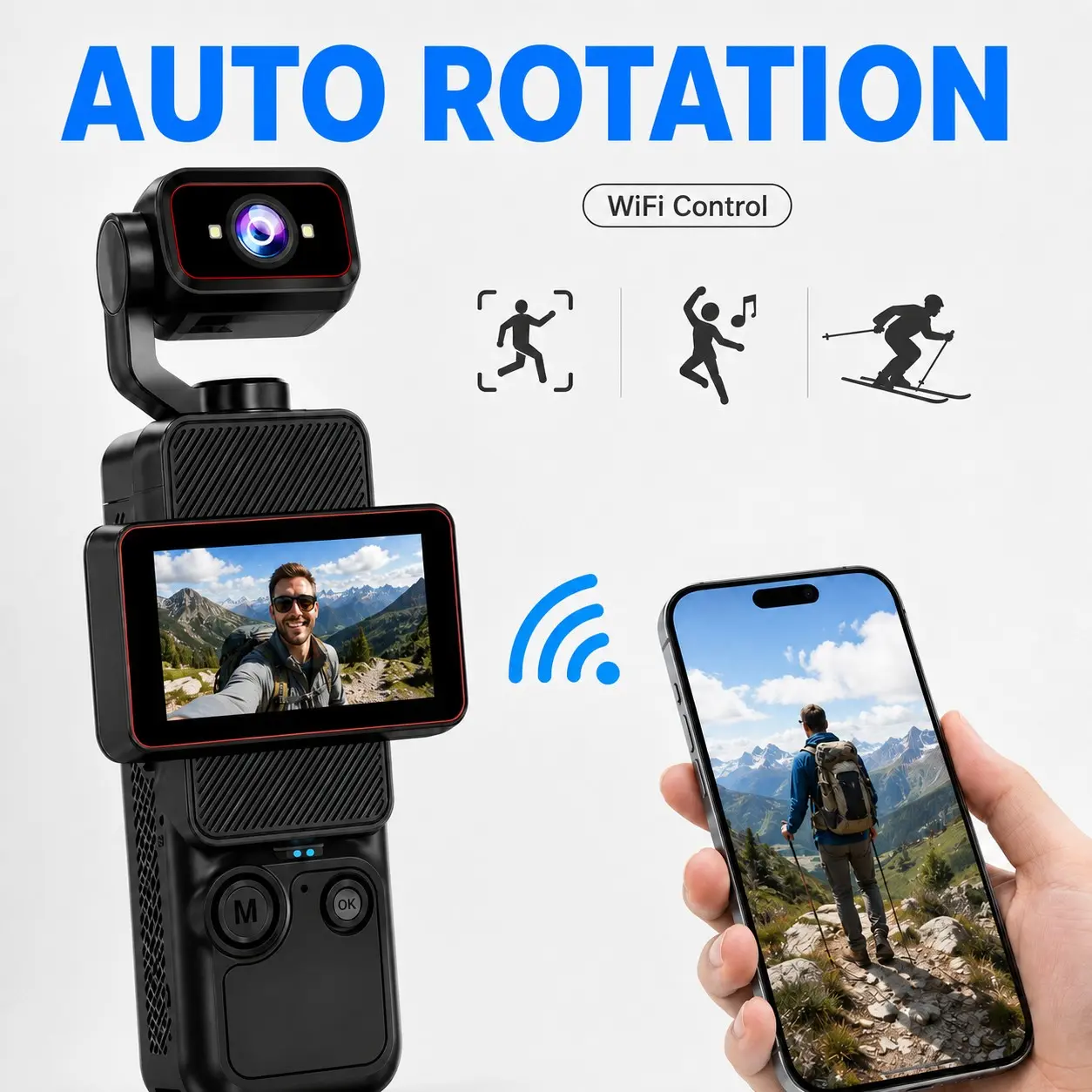 Portable HD Gimbal Camera, Pocket Vlog Camera with Auto Rotating Lens, Smooth Video Stabilization, WiFi Connection, 6X Zoom and Type-C Charging for Travel, Camping and Content Creation
