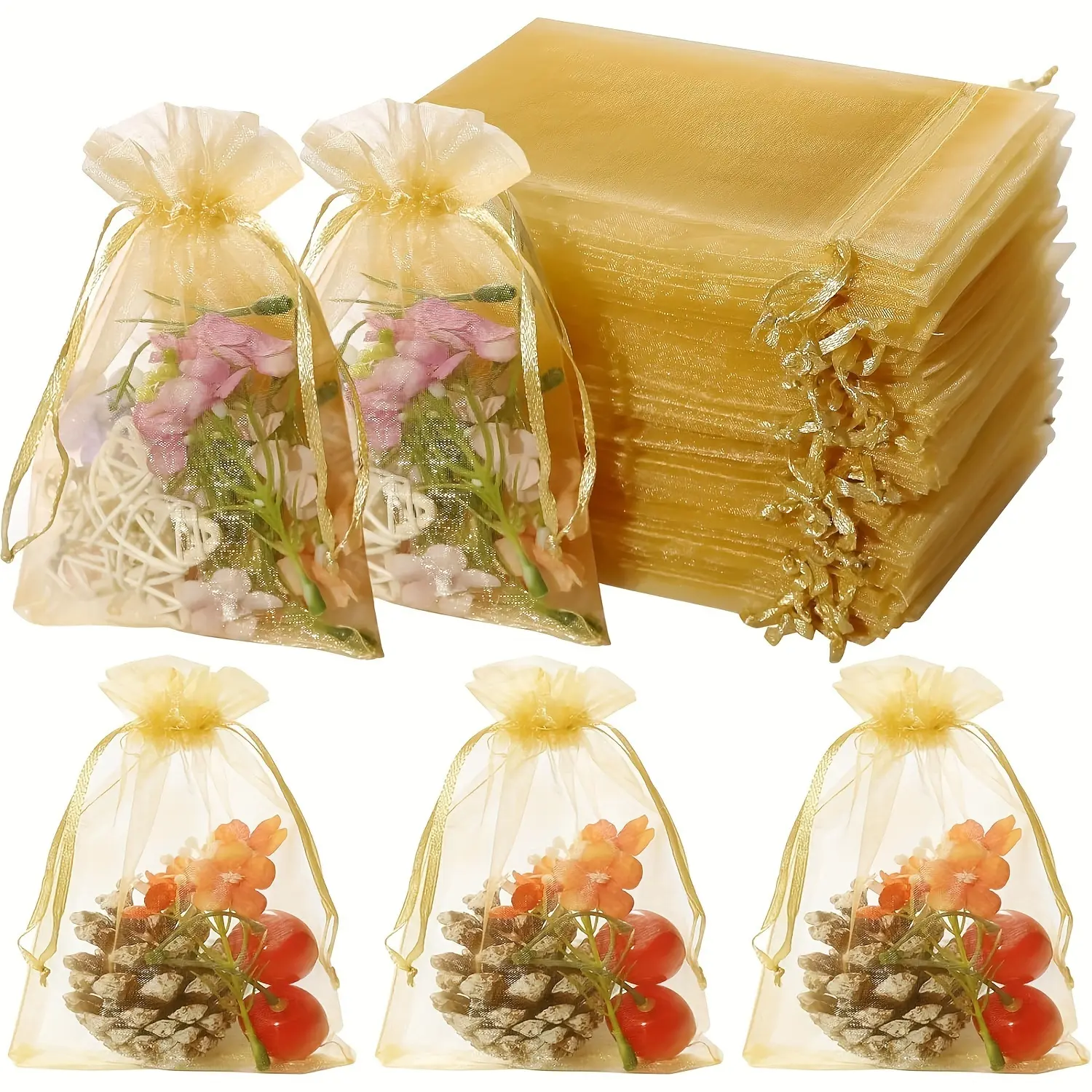 100-Pack Golden Sheer Organza Drawstring Bags, Polyester Candy Jewelry Pouches, Party Favors, Weddings, Christmas, 9x12cm