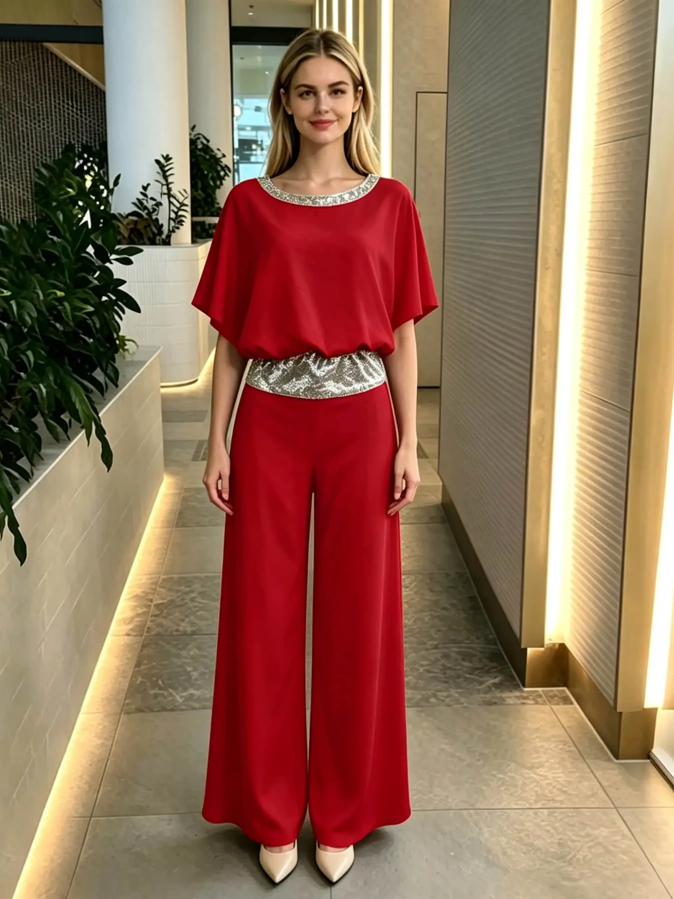Two-Piece Women's Fashion Light Luxury Sequin Belted Set: Round Neck Silver Sequin Waistband Loose Hiding Body Long Wide Leg Pants Set, Suitable for Summer, Perfect for Evening Parties, Office Commutes, Vacation Trips, and Wedding Guests