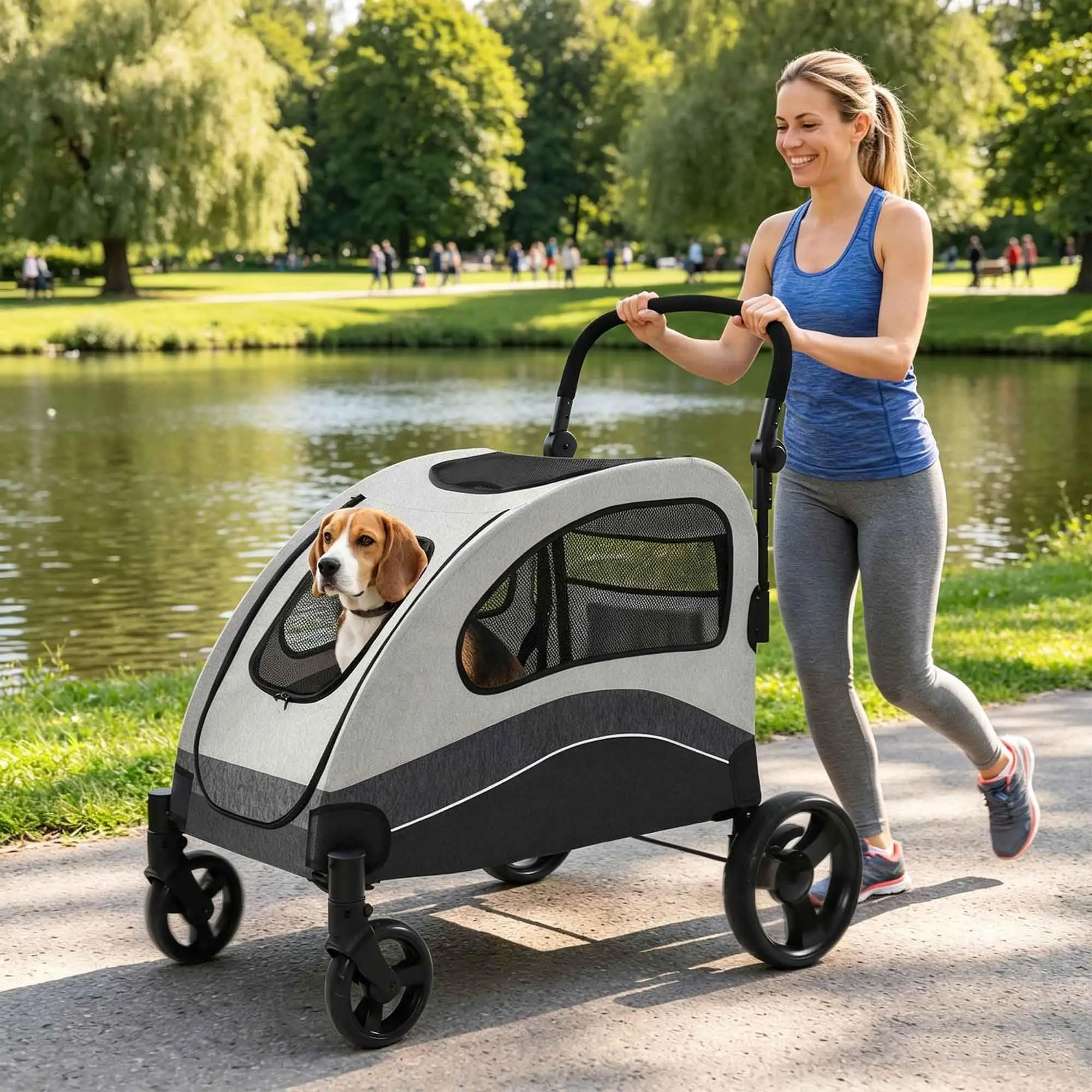 Garvee Extra Large Foldable Dog Stroller with Steel Pipe Frame, Adjustable and Removable Handle, Equipped with Wheels, Brakes, and Shock Absorption for Large Pets, Black