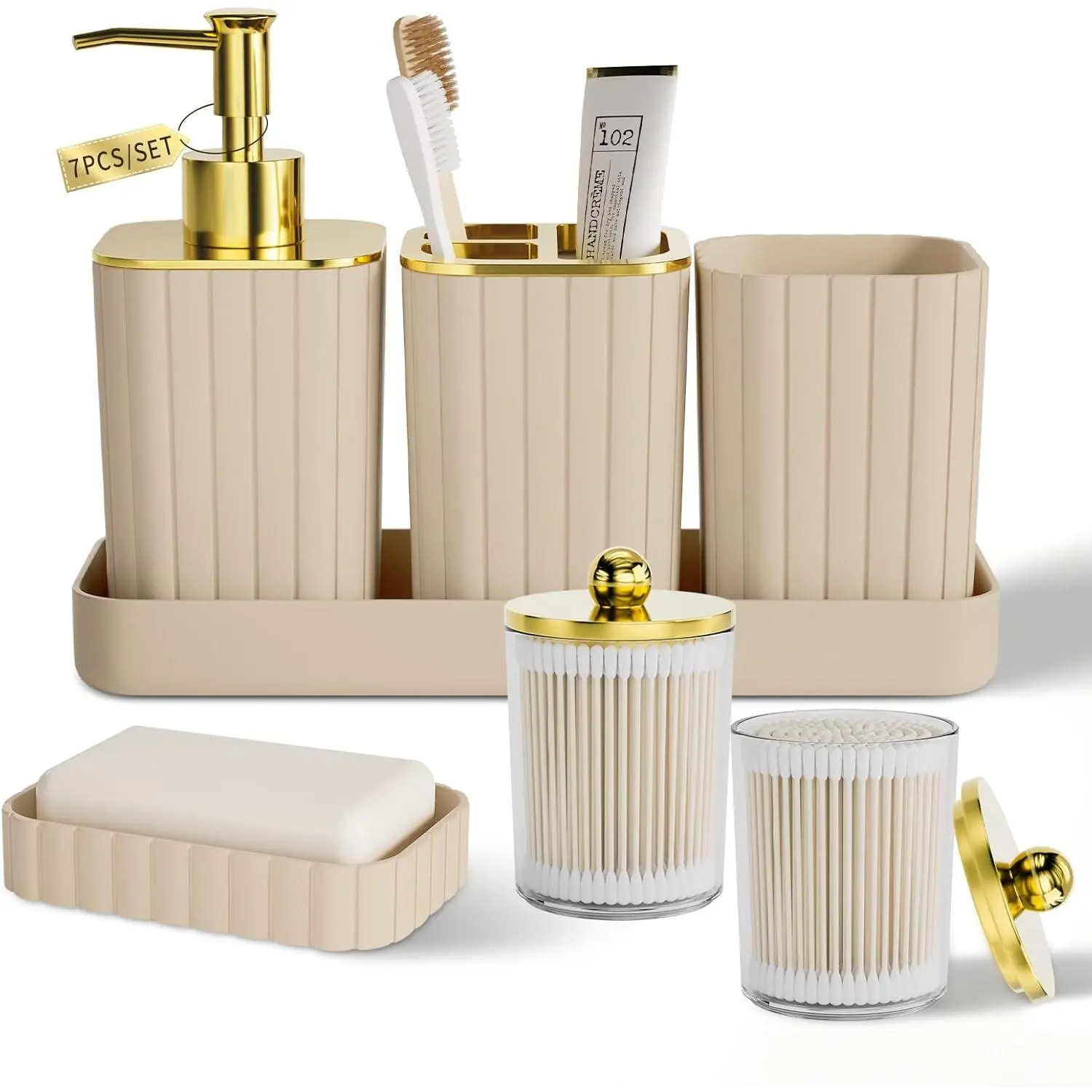 XLHOMO Bathroom Accessory Set - Gorgeous Bathroom Set, 7PC Beige Bathroom Accessories Set, Soap Dispenser, Toothbrush Holder, Qtip Holder Set, Bathroom Sets Complete, Bathroom Sink Set for Home Decor