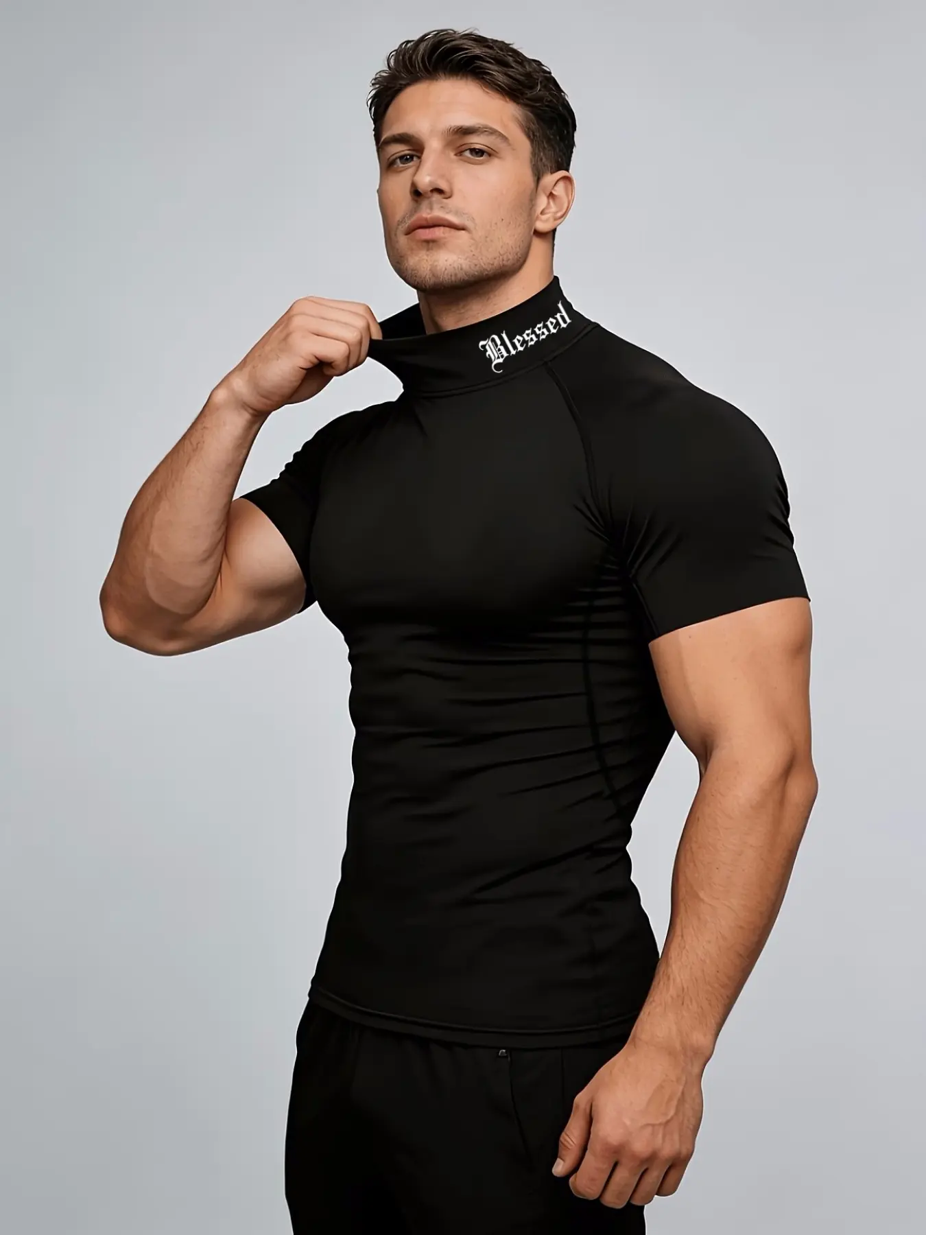 Men's Compression Shirt Black Tight Fit Short Sleeve Muscle Tee High Elasticity Quick Dry Mock Neck Base Layer Blessed Graphic Moisture Wicking Activewear for Gym Fitness Running Sports Dry Fit Shirts.