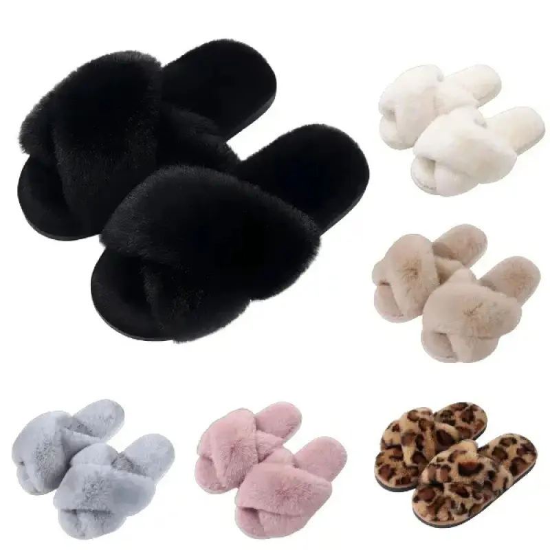 Women's Cross Shaped Cotton Home Slippers with Exposed Toes - Black Soft Faux Design Comfortable Indoor Shoes