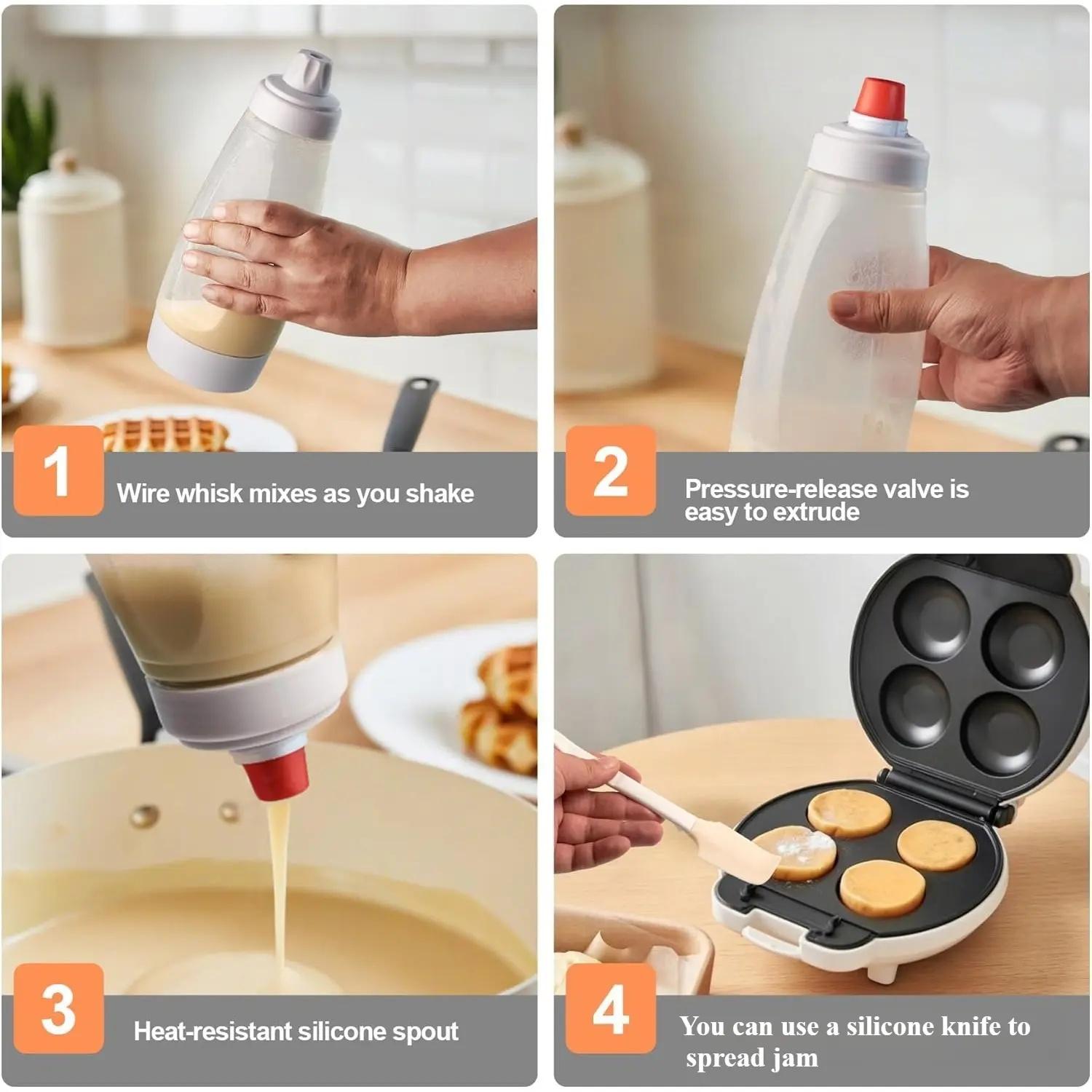 2 Packs Pancake Batter Dispenser with Blender Ball, 1000ml Squeeze Bottle Mixer for Cupcakes, Crepes & Waffles, BPA Free Kitchen Gadgets for Mess-Free Cooking