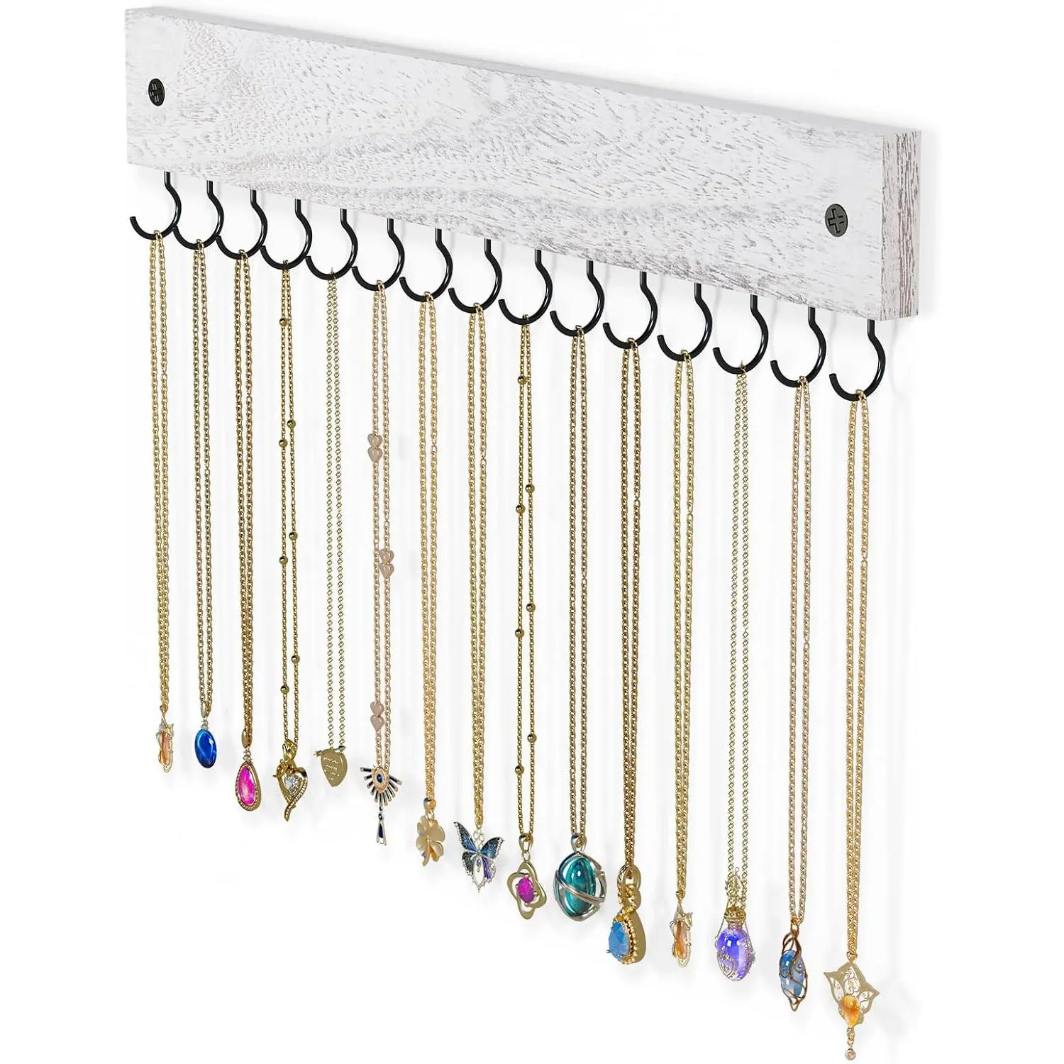 Wooden Necklace Holder for Wall with 15 Hooks - | Wall Mount  Hangers for Necklaces, Chains, Bracelets and Earrings, -free, Easy to Install