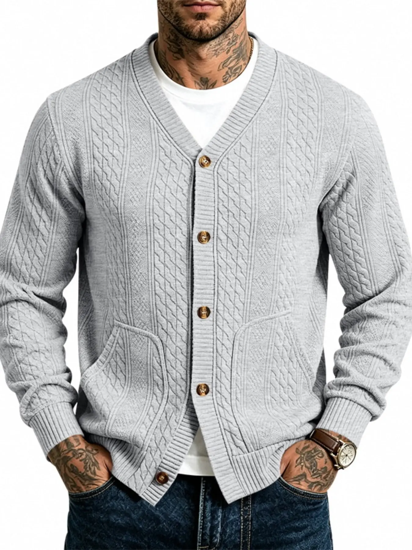 Men's Cable Knit Cardigan Sweater, V‑Neck Button Down Long Sleeve Knitted Jacket With Pockets, Casual Soft Warm Knit Outerwear For Daily Autumn Winter Wear, Multiple Colors, Knitwear