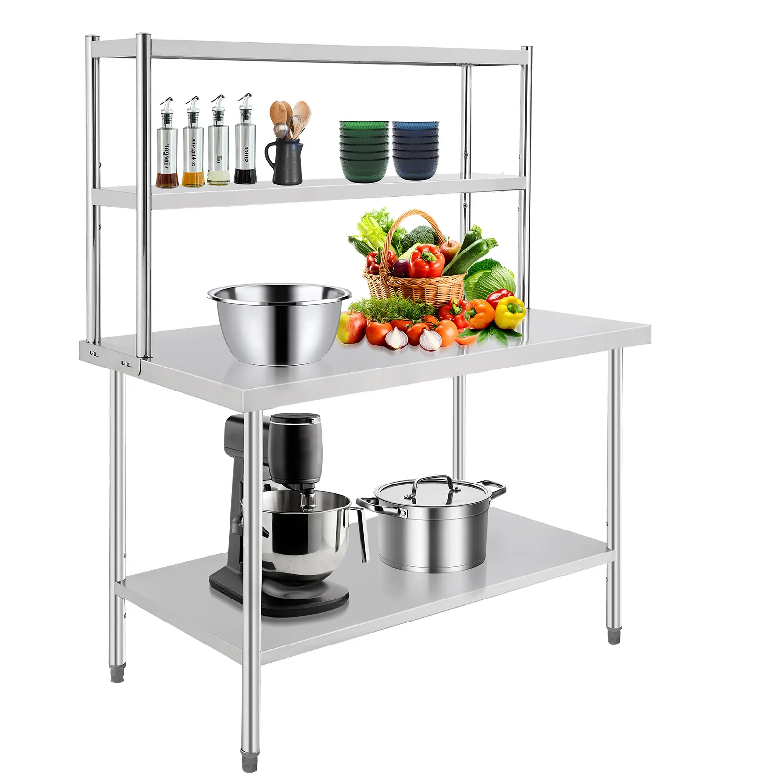 Garvee Heavy Duty Stainless Steel Commercial Food Prep Table – Adjustable Shelves & Hooks – Metal Work Table for Restaurant, Kitchen, Home – Space-Saving Storage, Durable Overshelves – Multiple Sizes