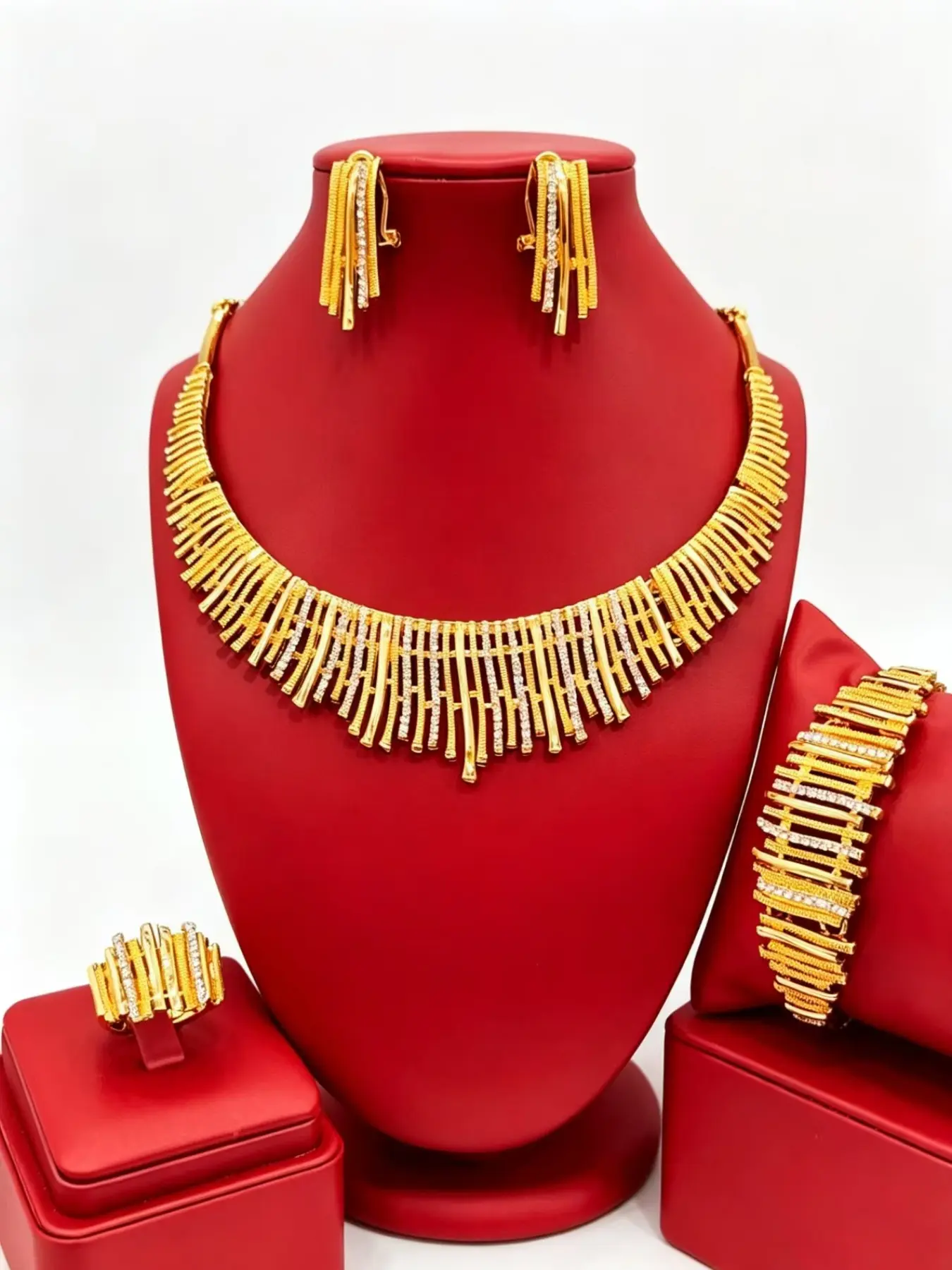 Fashion Women's Rhinestone Jewelry Set, Necklace Bracelet Earrings Ring, Wedding Party Gift, All Seasons