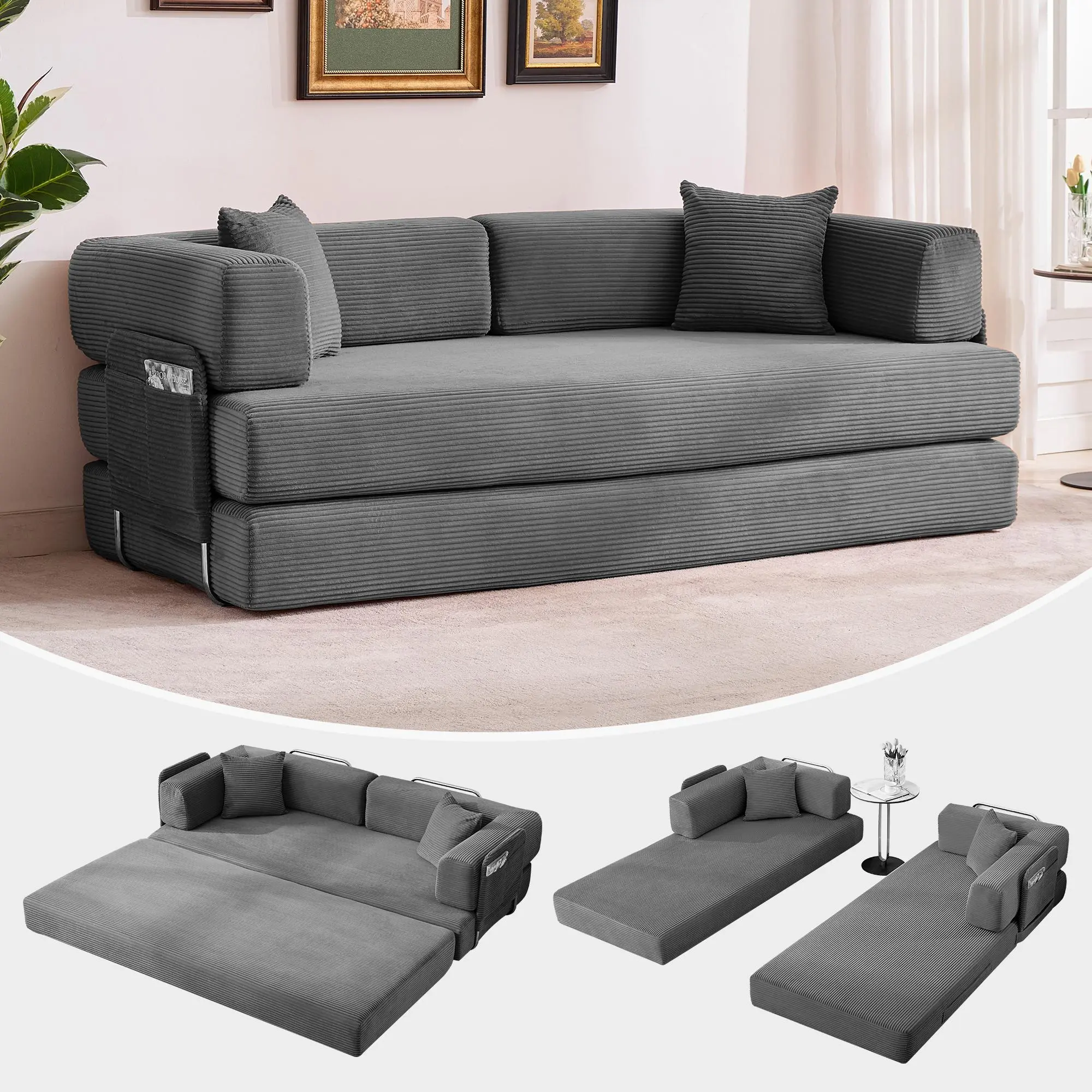 5-in-1 Convertible Comfy Couch Sleeper Sofa Bed - 78.8in Oversized Striped Corduroy Futon, Folding Modular Couch with Fixed Frame, Removable Pillows, Stainless Steel Accents, Polyurethane Foam, No Assembly for Living Room, Bedroom