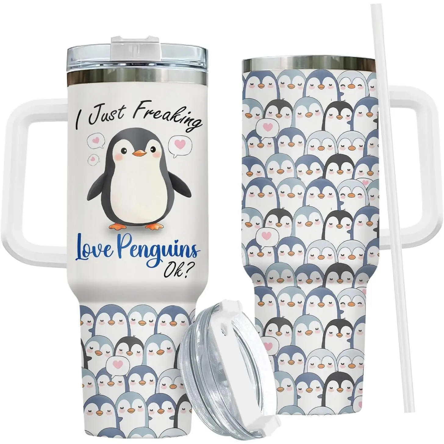 Cute Penguin Tumbler 40oz with Handle and Straw - Just a Girl Who Loves Penguins Insulated Travel Mug - Funny Penguin Lover Gift for Mother's Day - Birthday Present from Daughter Son & Husband