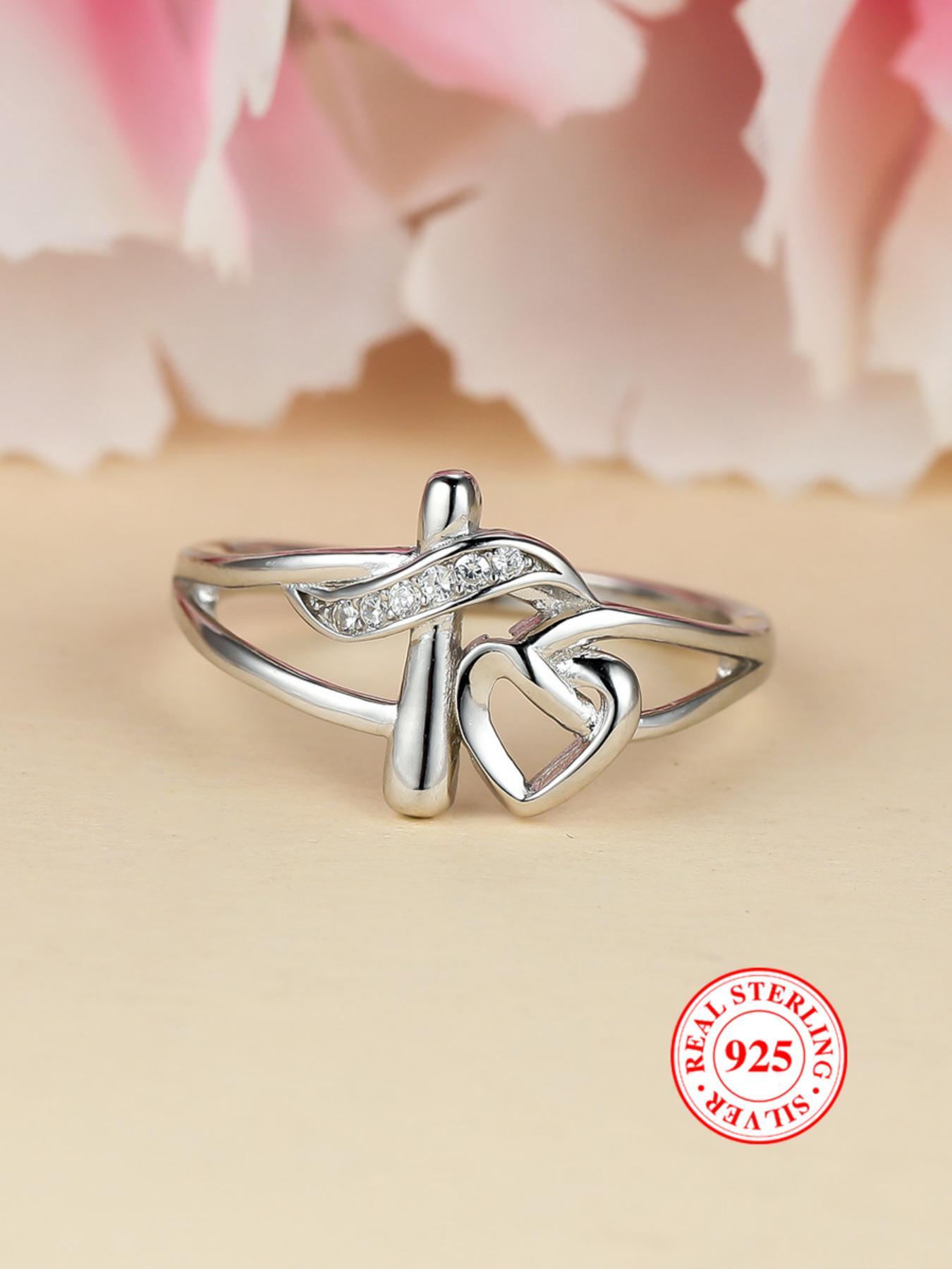 S925 Sterling Silver Hollow Out Cross & Heart Design Ring for Women, Heart Shaped Ring, Fashion Rings, Fashion Jewelry for Party, Daily Decor, Trendy All-match & Exquisite Jewelry for Birthday Gift, with Box