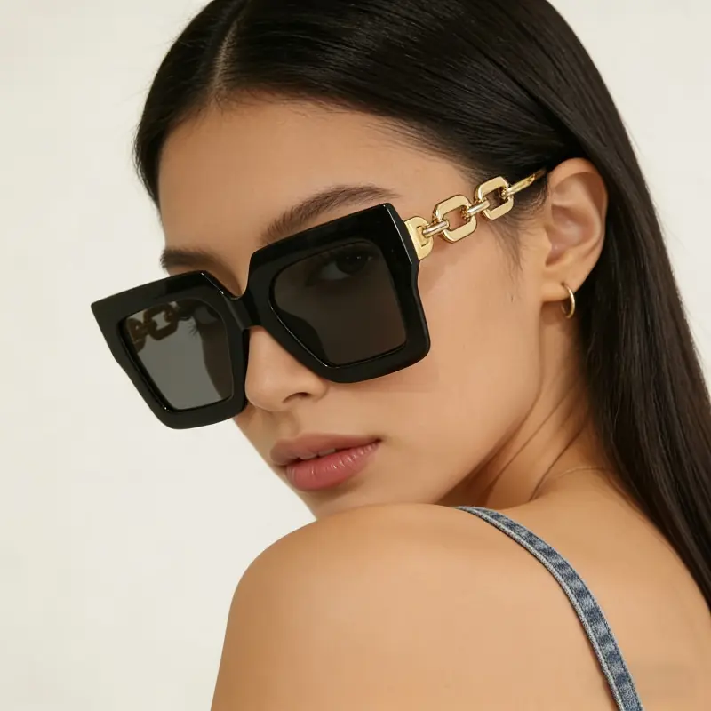General Sunglasses, Unisex Oversized Square-Frame with Chain Link Temples, Filter Category 3 High Glare Protection for Driving / OOTD, Daily Commute, Glare Shield, Adults, Large, Golden Chain Temples, Premium Golden Chain Temples