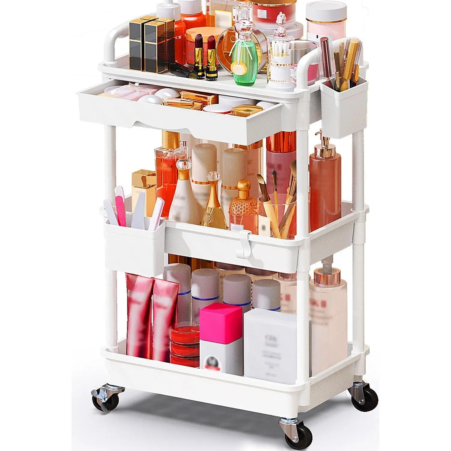 Makeup Cart Organizer with Drawers, Floor Skincare Organizers  Storage Organizer, Rolling Makeup Bathroom Storage Cart  Display Cases for  Care Perfume  Polish, White