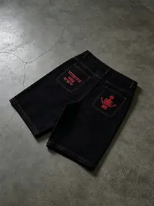 Base Stitch Skull Skeleton Embroidered Jeans Shorts, Gothic Backbone Letter Embroidery Wide Leg Mid-Length Pants, American High Street Hip Hop Skate Loose Fit Five-Quarter Pants