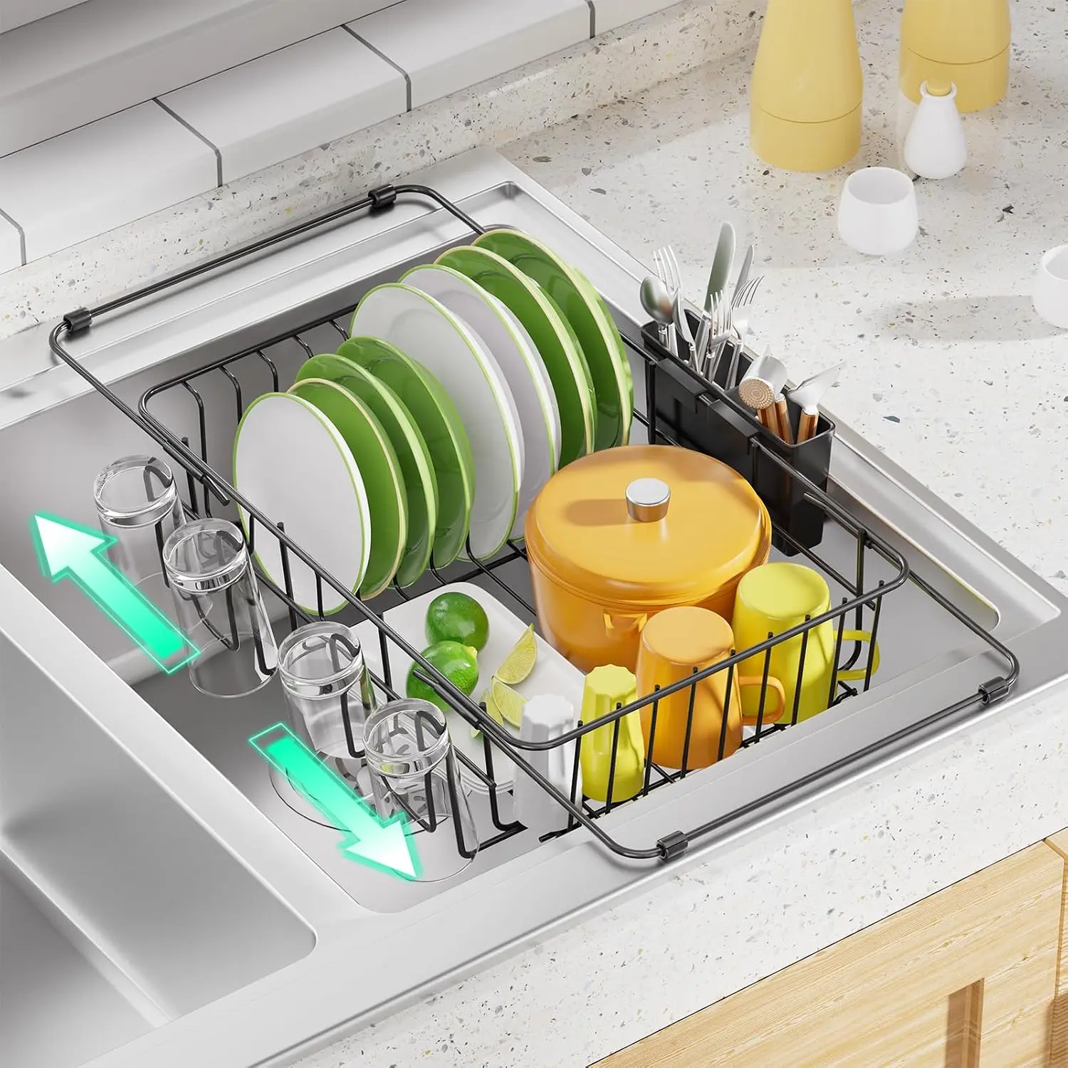 Expandable Dish Drying Rack in Sink, Adjustable Dish Drainers for Kitchen Counter, Inside Sink, Over the Sink with Utensil Holder, Black