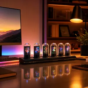 RGB Fluorescent Tube Clock, Nixie Tube Clock, IPS Color Screen. Metal Base. Patterns Can Be Switched Arbitrarily By APP Control, Multimode Switchable Nixie Clock, Digital Calendar and Time Display, Suitable for Desktop Decoration In Bedroom