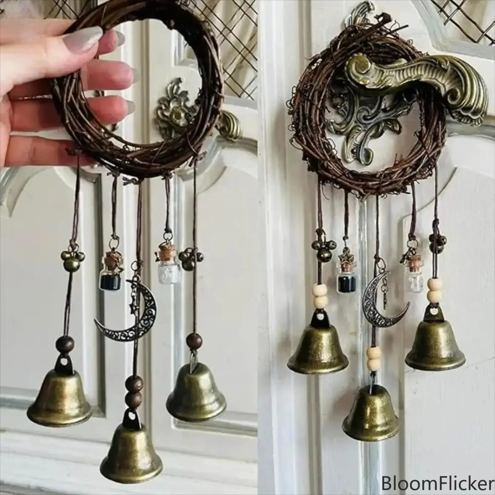 Classic Black White Protection Witch Bell Ornament, Handmade Mystic Blessing Amulet, Witchy Energy Cleansing Hanging Decor, Spiritual Ritual Accessory For Altar Display, Home Wall Hanging & Witchcraft Positive Energy Decor