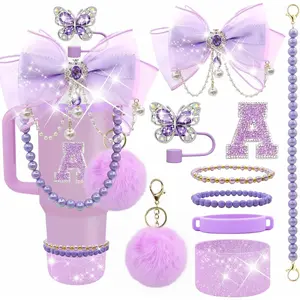 Etter Stickers Bling Accessories Set for Stanley 40/30/20 oz Tumbler: Bow Straw Topper, Accessories for Stanley Quencher H2.0, Charms, Butterfly Cap, Pearl Strap, Silicone Boot