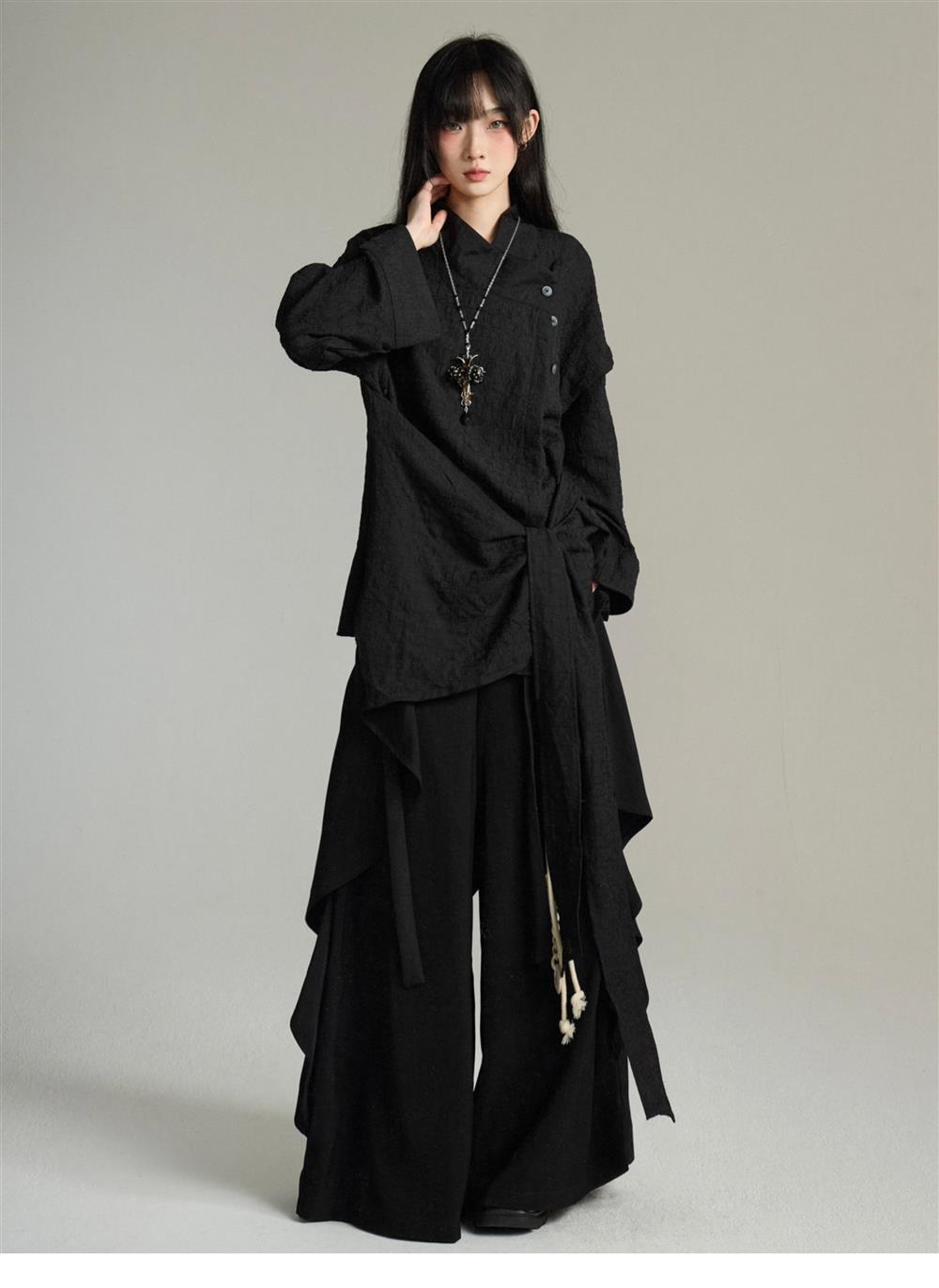 UMI MAO Irregular Lace Up Design Chinese Style Stand Up Collar Shirt Men Women Long Sleeved Shirt Fake Two-piece Top Y2K