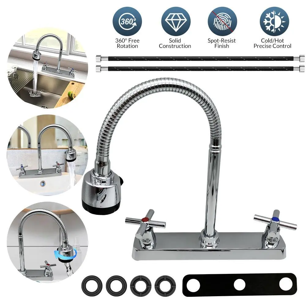RV Kitchen Mixer Faucet Replacement - 8" Main Body, High Arch, 360° Swivel Flexible Spout, 2-Handle ABS+Stainless Steel Faucet with Hoses for Campers, Motorhomes