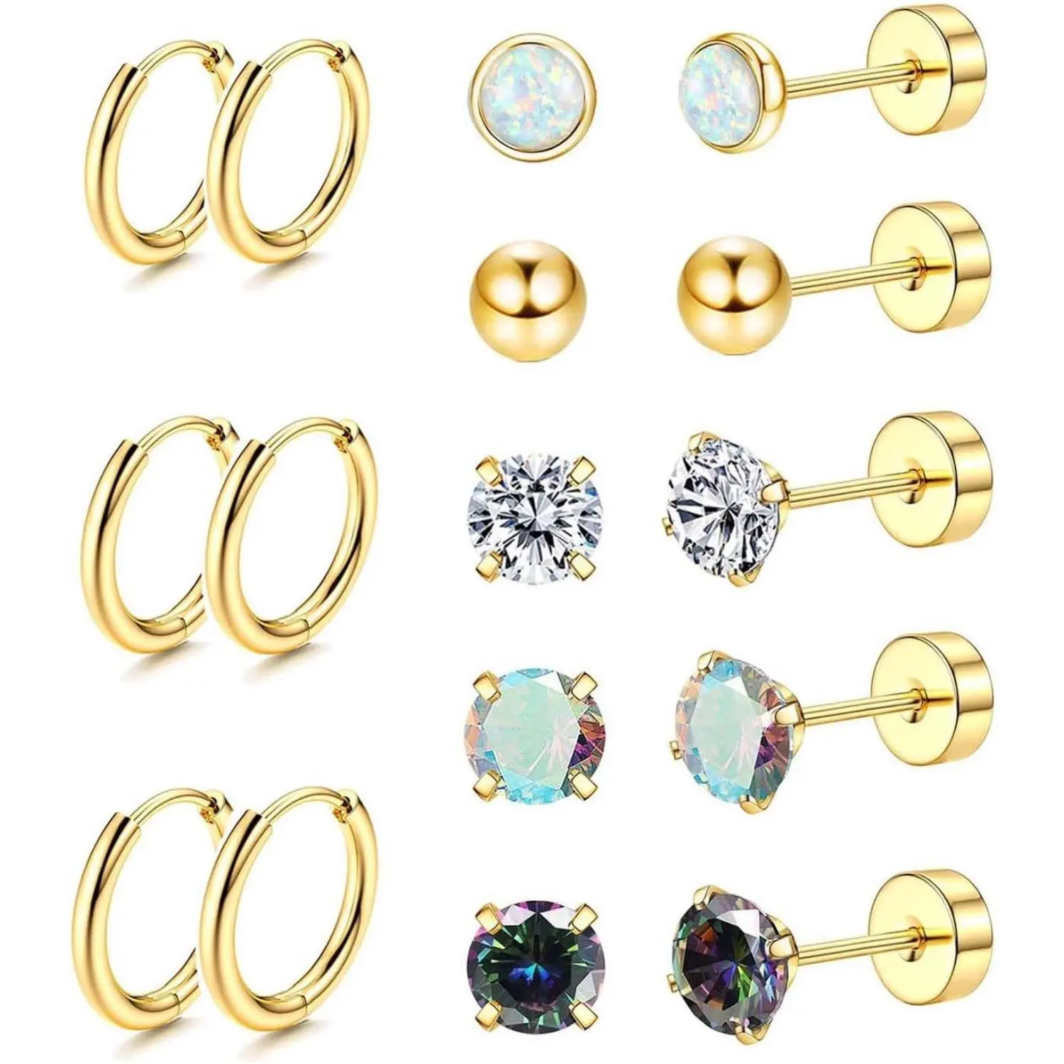 Fansilver Surgical Steel Earrings for Sensitive Ears Hypoallergenic 20G Stainless Steel Stud Hoop Earrings for Women Men Small Opal Ball CZ Surgical Steel Flat Back Earrings Cartilage Earrings Hoop Stud