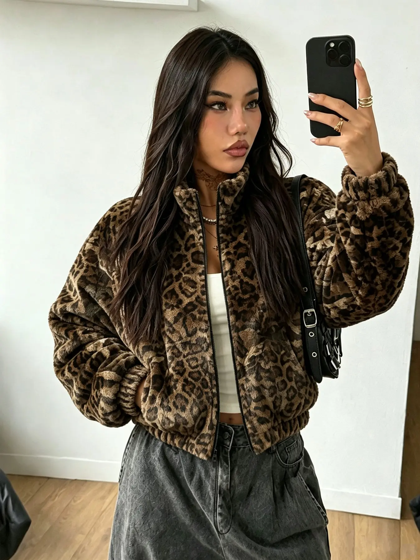 Women's Leopard Print Zipper Cardigan Jacket, High Neck Outerwear, High Neck Long Sleeve, Casual Fashion, Comfortable Streetwear, Outdoor Urban Style