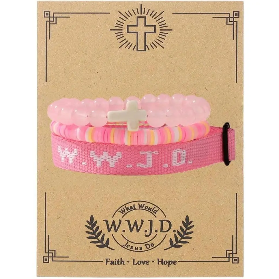 3 count Set WWJD Beaded Clay Adjustable Strand Bracelet with Meaningful Card Inspirational for Women  What Would  Do Woven Heishi Polymer