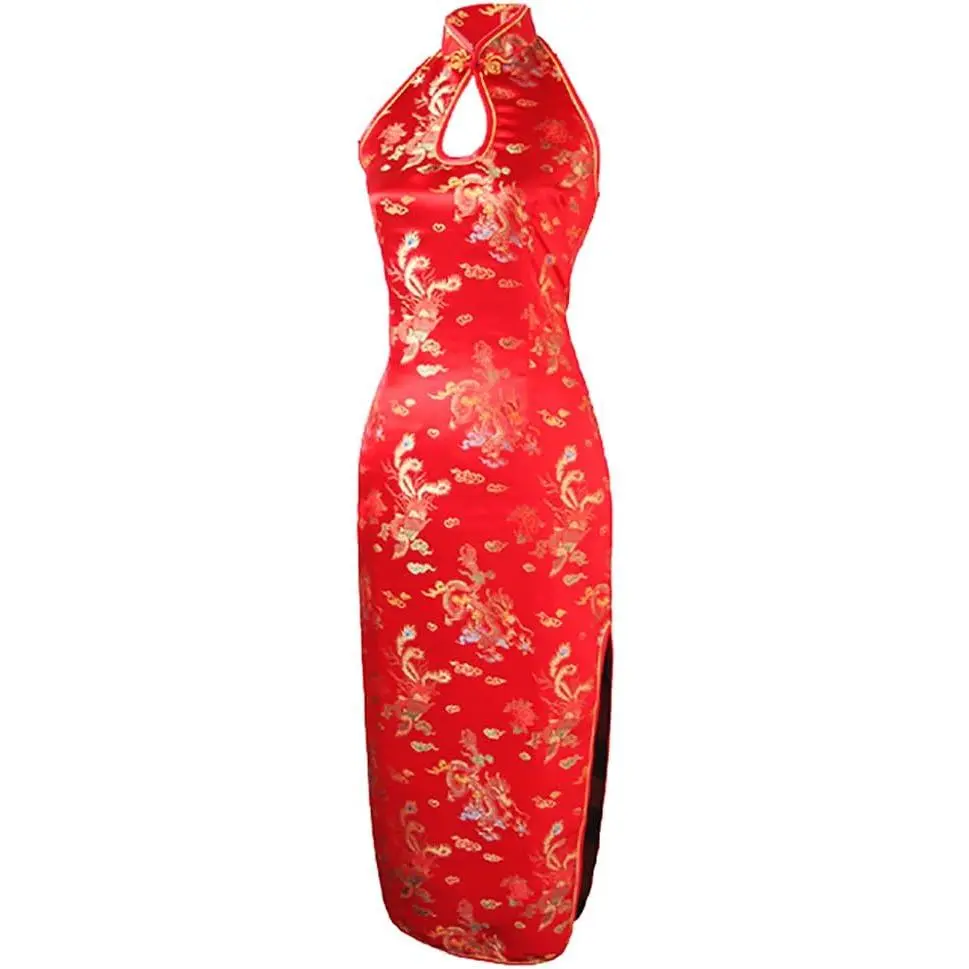 Women's Wedding Red Dragon Halter Backless Long Chinese Dress
