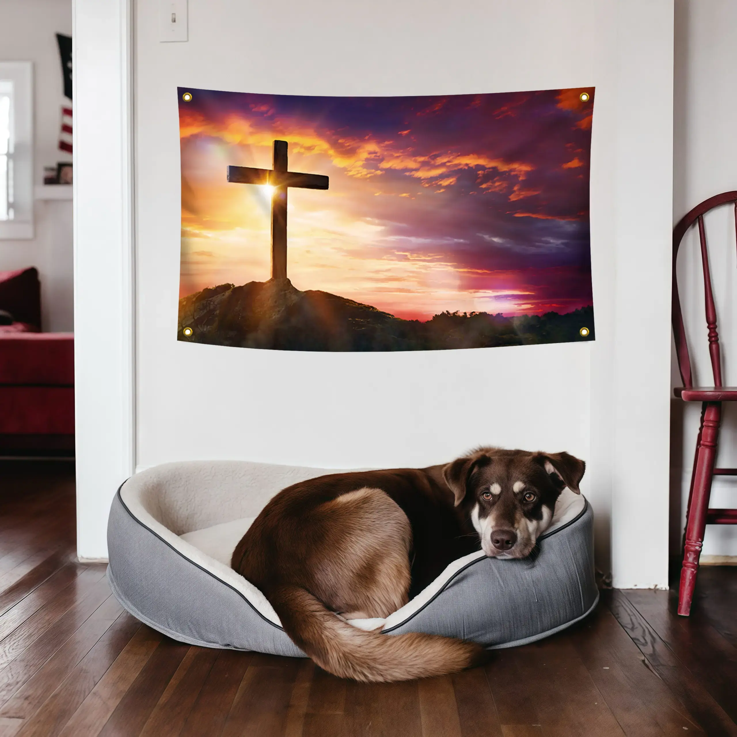 Faith Cross Sunset Tapestry 5ft x 3ft 60in x 40in, Religious Easter Sunrise Wall Hanging Tapestry for Bedroom Dorm Living Room Prayer Room Church Event Backdrop, Peach Skin Fabric Indoor Outdoor Home Decor Wall Art Gift for Christian Room Decor