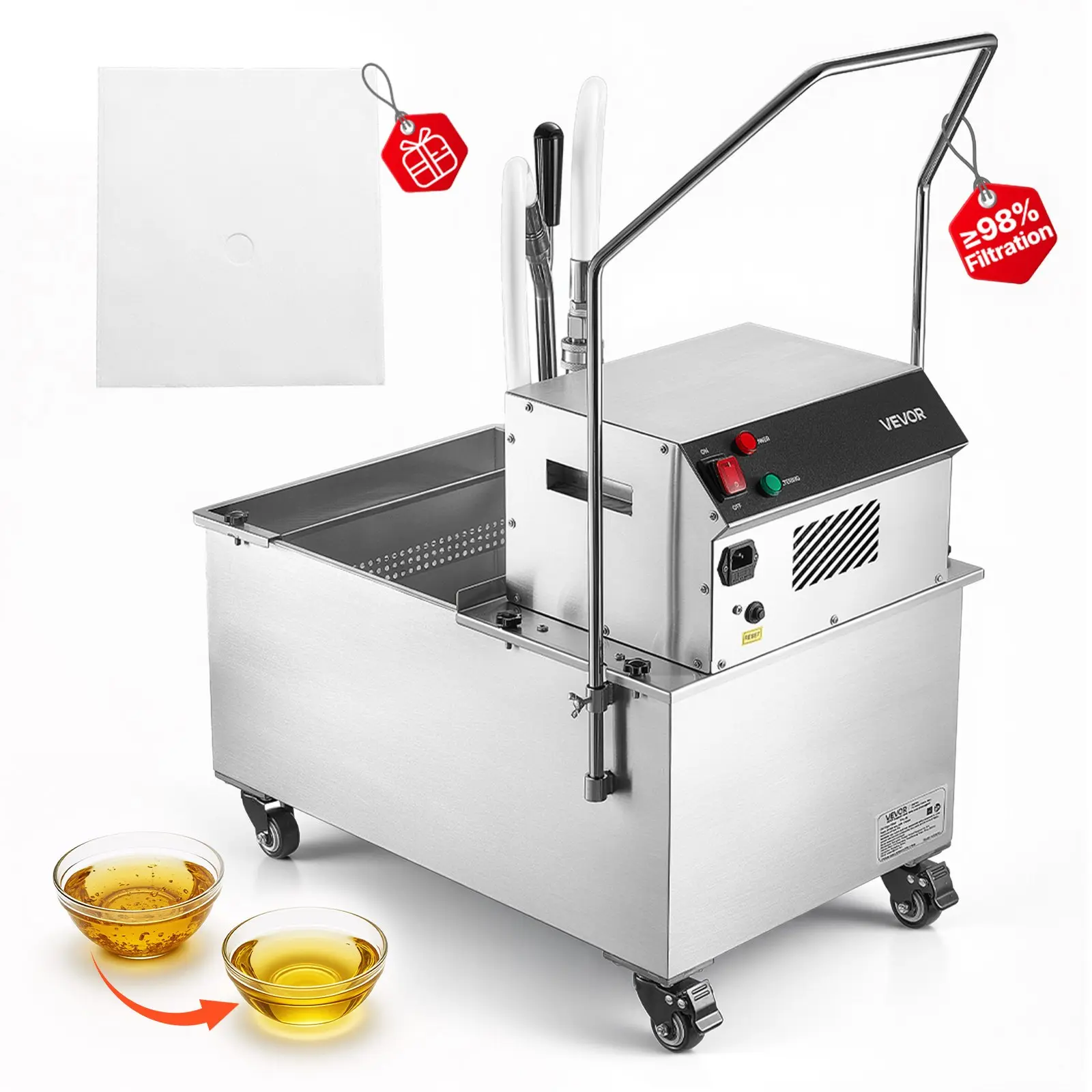 Stainless Steel VEVOR Commercial Compact High-Speed Mobile Fryer Oil Filter Machine, 55L/14.5Gal Filter Truck Cart, 250W Deep Frying Filtration System, 12 L/min Speed, for Restaurant Kitchen Use