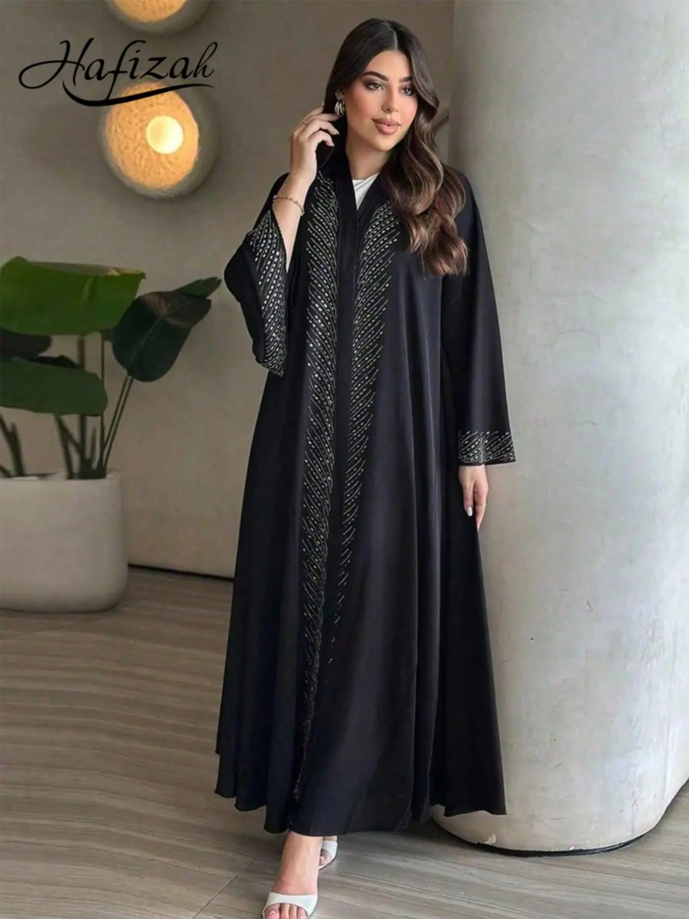 Hafizah Summer Fashion Rhinestone Long Dress Cardigan, Modest Women's Loose-Fit Outerwear, All Seasons Plain Surface Summer Abaya