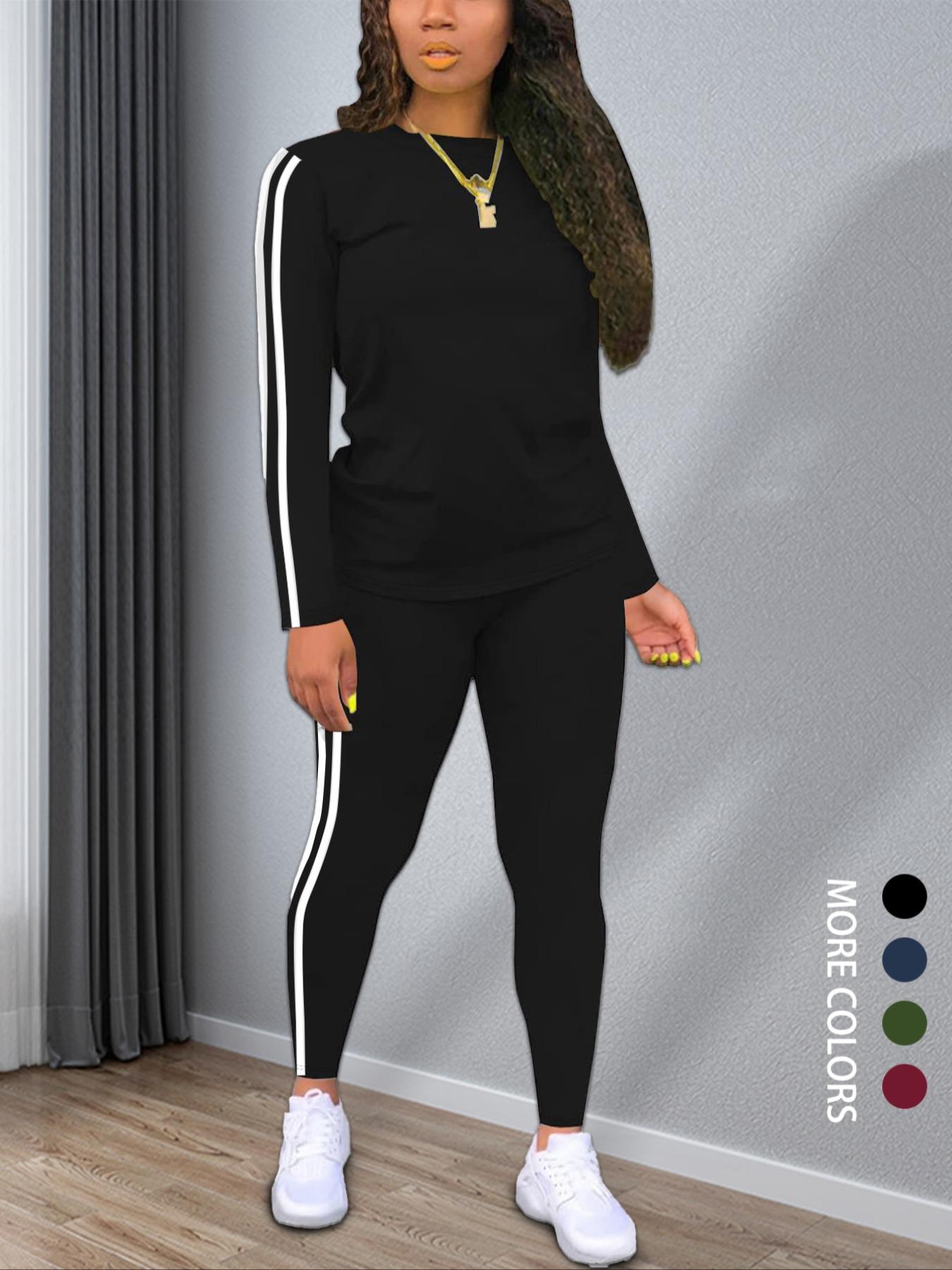 Women's Striped Print Long Sleeve Top & Pants Two-piece Set, Casual Fashion Cozy Round Neck Top & Trousers for Daily Outdoor Wear, Ladies Clothes for Spring