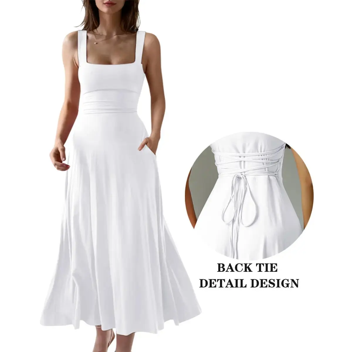 Women's Casual Sleeveless Square Neck A-Line Solid Slim Flowy Long Dress with Pockets & Back Tie Detail