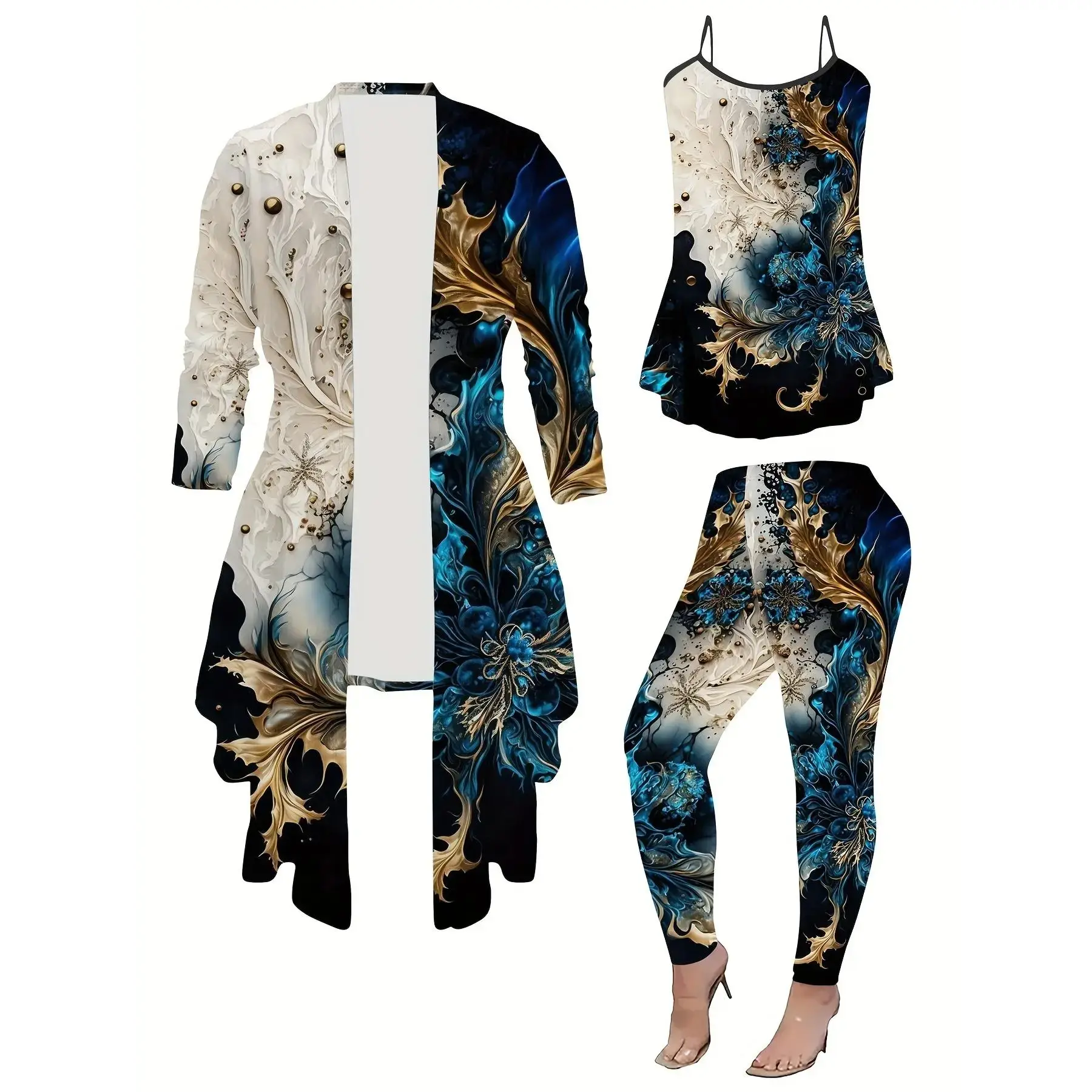 Chic Lady's Vest Jacket and Trousers Three-Piece Set with Marble Print