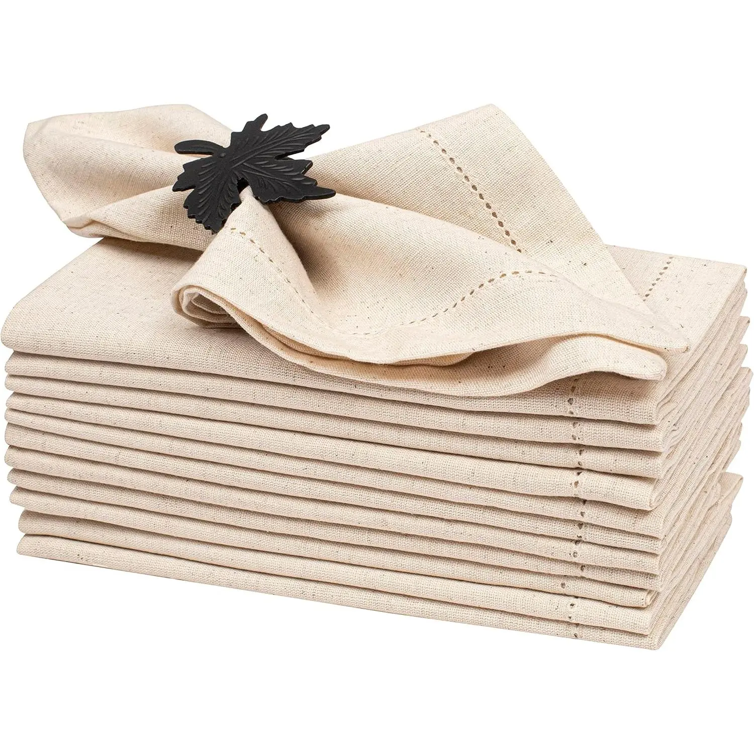Flax Linen Napkins Set of 12 – Hemstitched Dinner Cloth Napkins, Washable and Reusable Natural Flax Napkins for Dining, Parties, Weddings, Holiday & Everyday Use – 18x18 Inch Natural Color