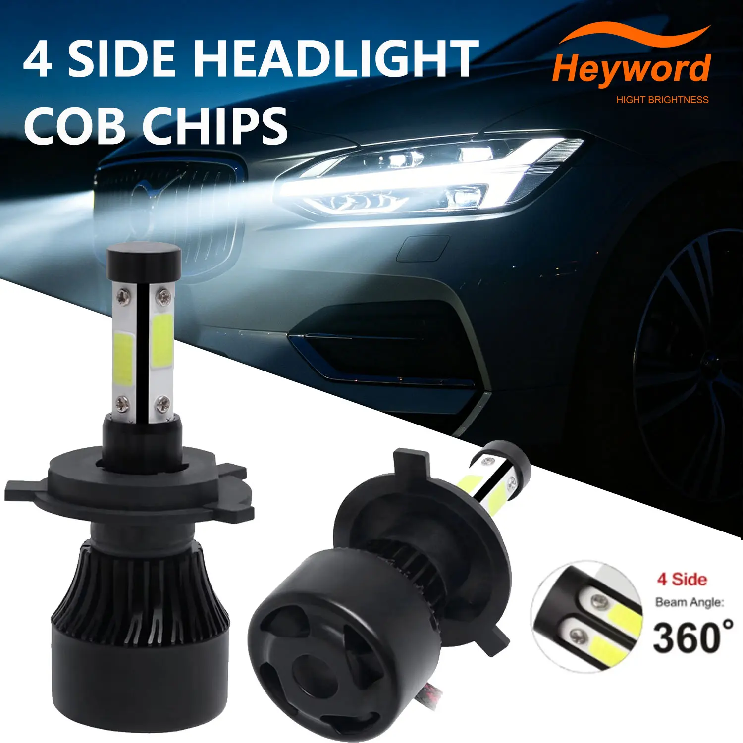 X7 H4 LED Headlight Bulb 4 COB Chips 72W 8000LM High Lumen Headlight 6500K Super Bright Auto Car Lamp Fog Light 12V High Low Beam Retrofit Kit