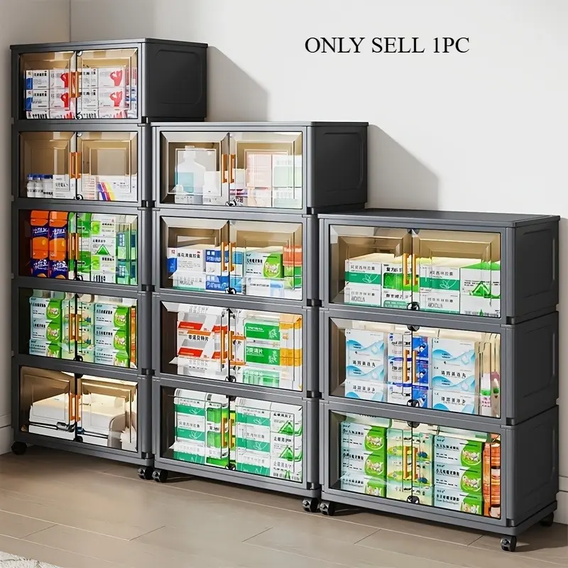 Convenient foldable medicine cabinet with lid, multi-layer stackable medicine box storage cabinet with wheels, multifunctional modular sorting system/foldable storage box with transparent door, suitable for home, office, dormitory sorting and storage