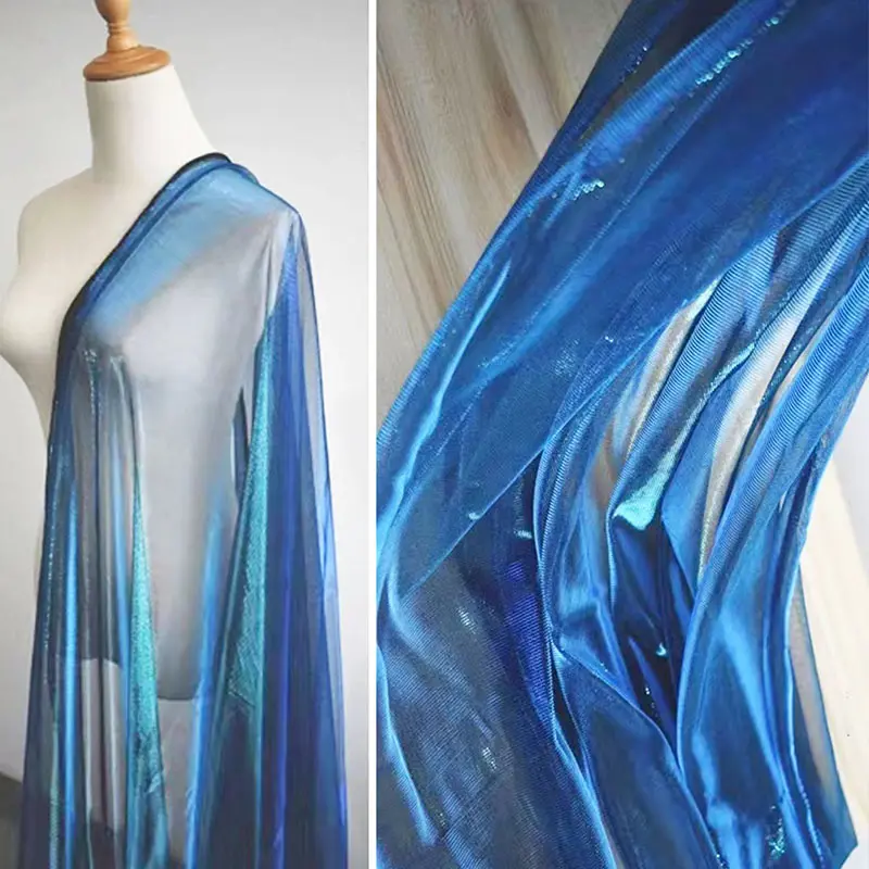 1PC blue Mesh Fabric, Peacock Green Blue Color Shift Shimmer Sheer Organza Tulle, DIY Sewing Material for Prom Dress, Costume, Photo Backdrop