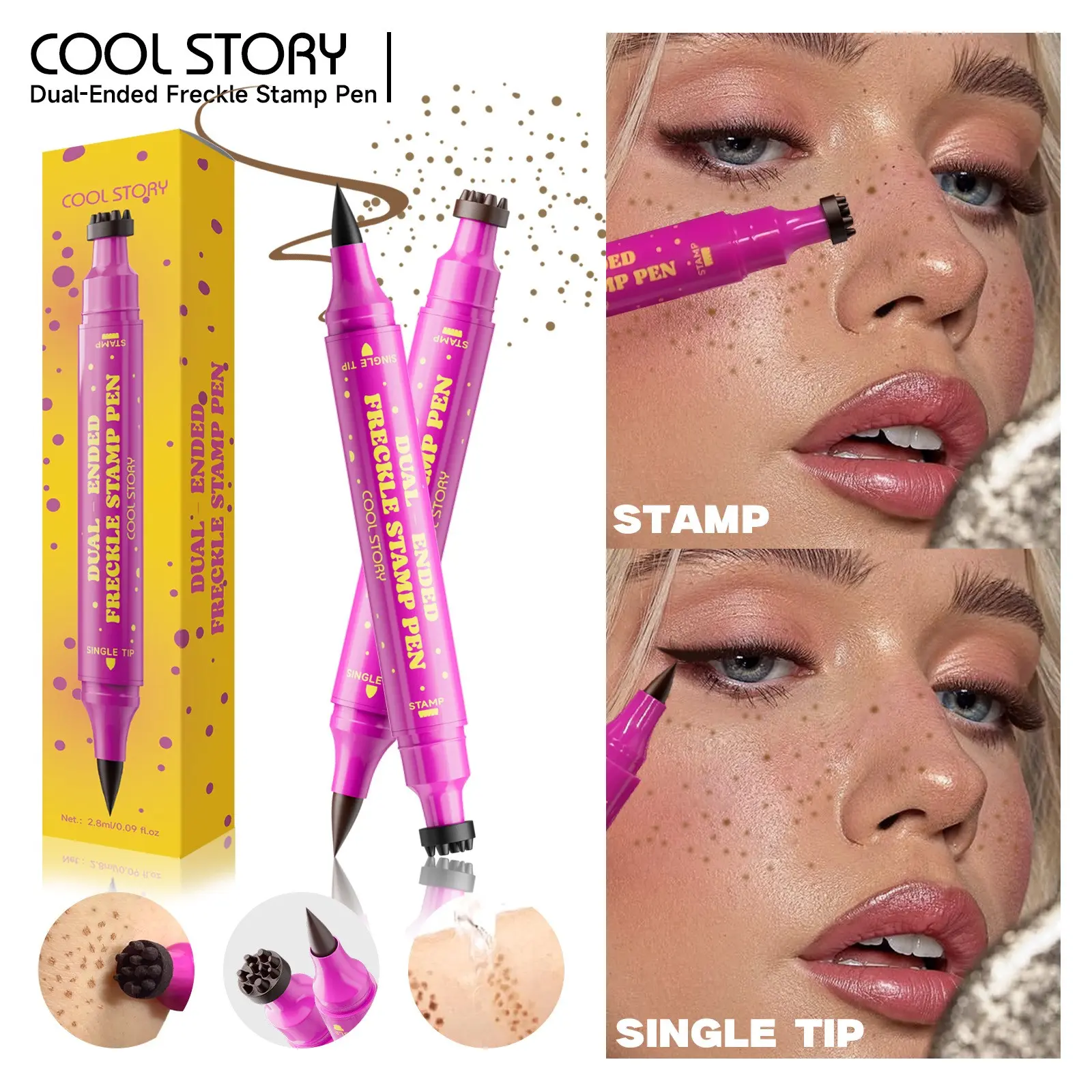 Cool Story Dual-End Freckle Stamp Pen, Natural Realistic Freckle Marker, Waterproof Long-Lasting Freckle Makeup Pen, Ideal for Tanned Skin, Cosmetic